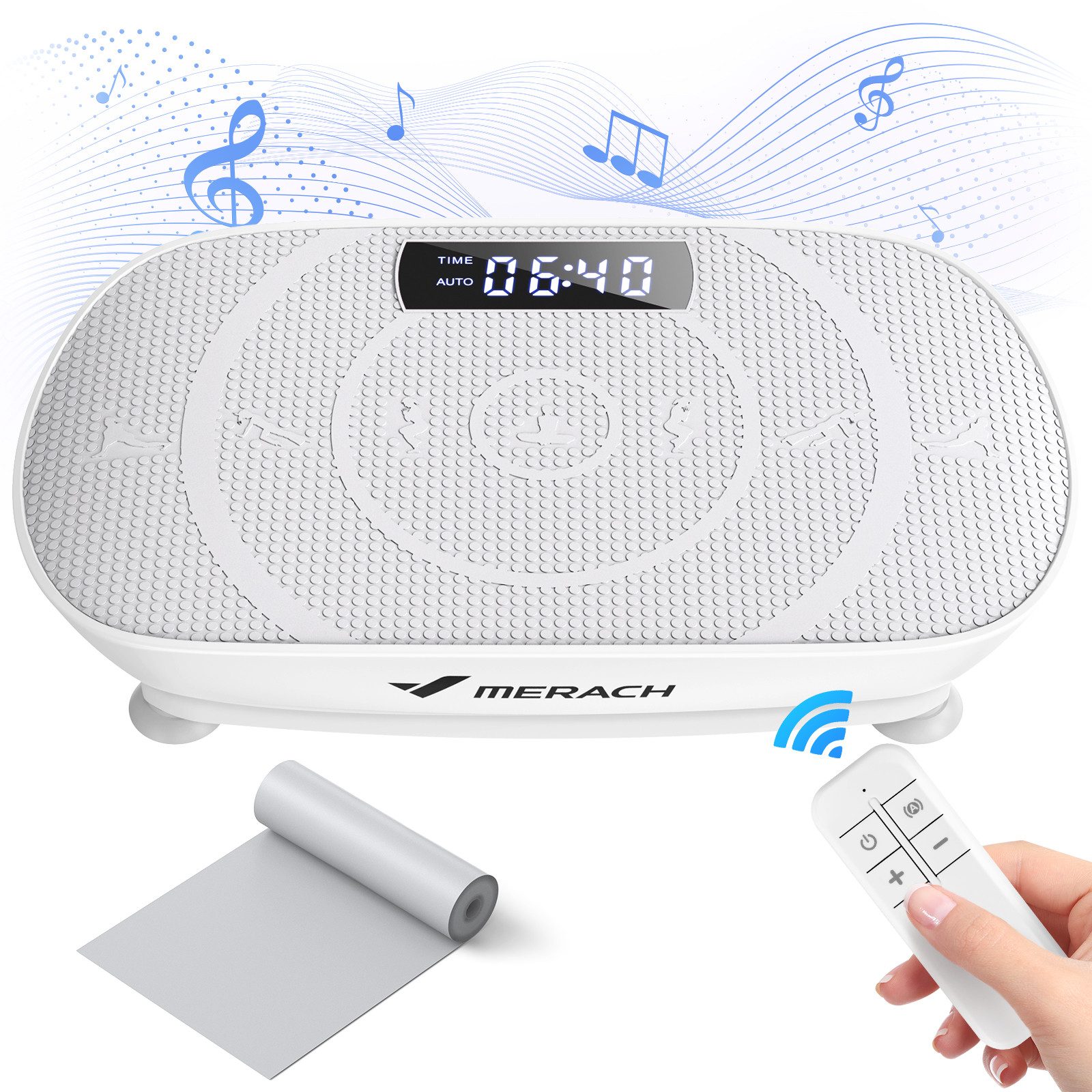MERACH Vibrationsplatte mit Bluetooth, Widerstandsband, Ganzkörper Sportgerät, 10 Intensitätsstufen, LED-Display, für Gewichtsverlust, Formung, Training Bauch Beine Gesäß