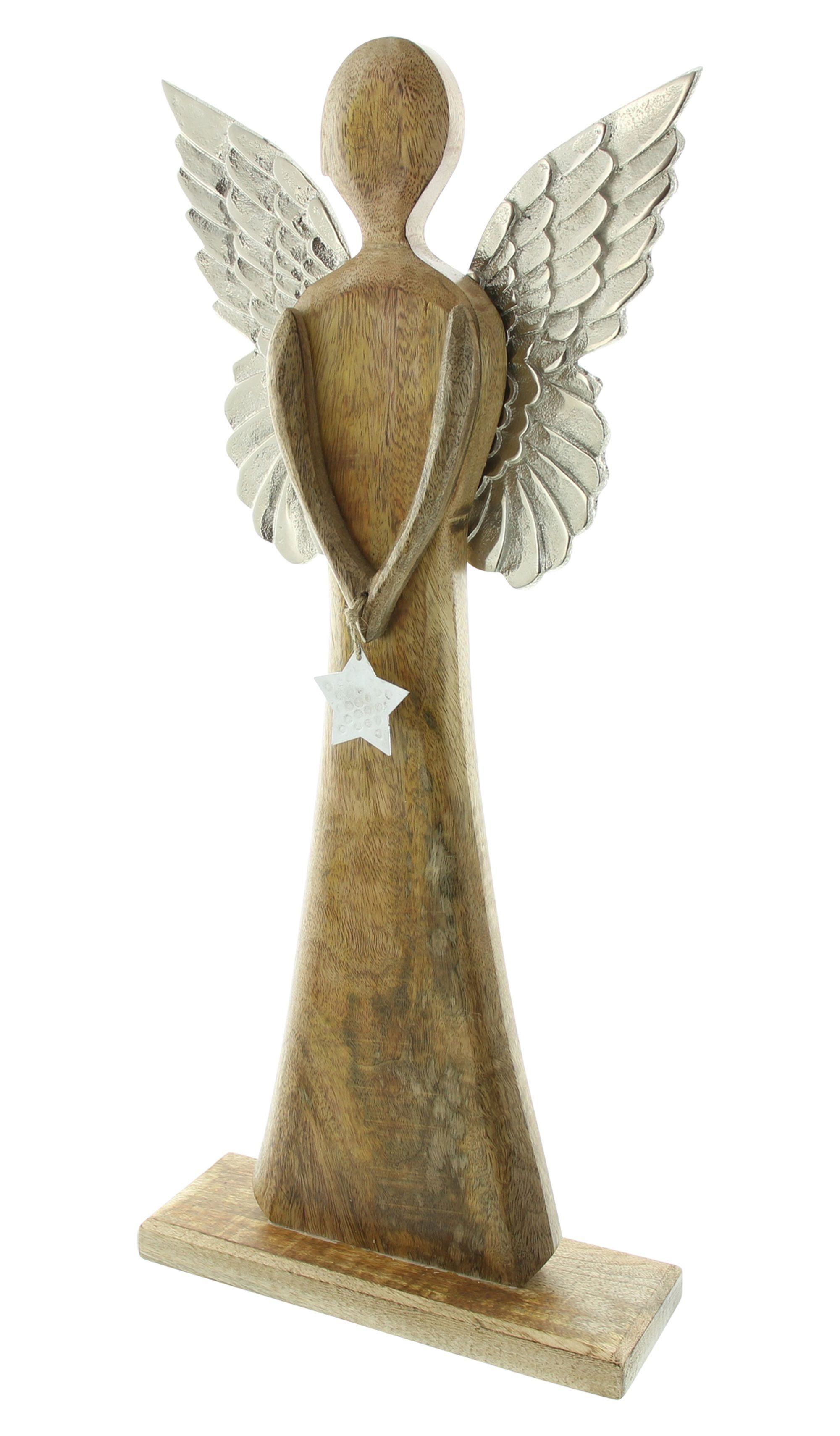 Dekoleidenschaft Engelfigur "Silver Star" aus Mangoholz & Metall 62 cm hoch, große Dekofigur Engel, Weihnachtsdeko aus Holz, Engelsfigur, Weihnachtsfigur, Dekoengel
