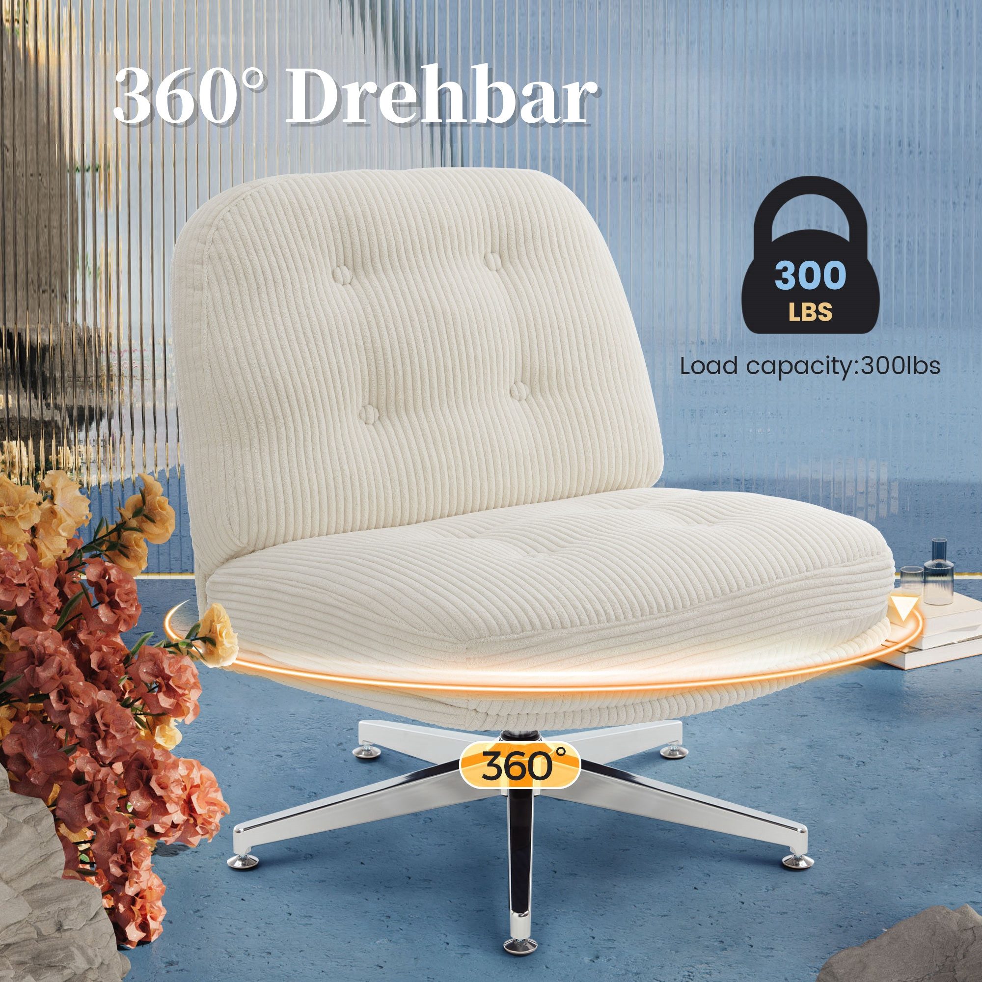 IWMH Bürostuhl Dick Schreibtischstuhl Ohne Rollen, Cordstoff Drehstuhl ohne Armlehnen (Lesesessel mit 15cm dickem Sitzkissen), Gepolsterter Stuhl für Schlafzimm – Bild 5 von 5