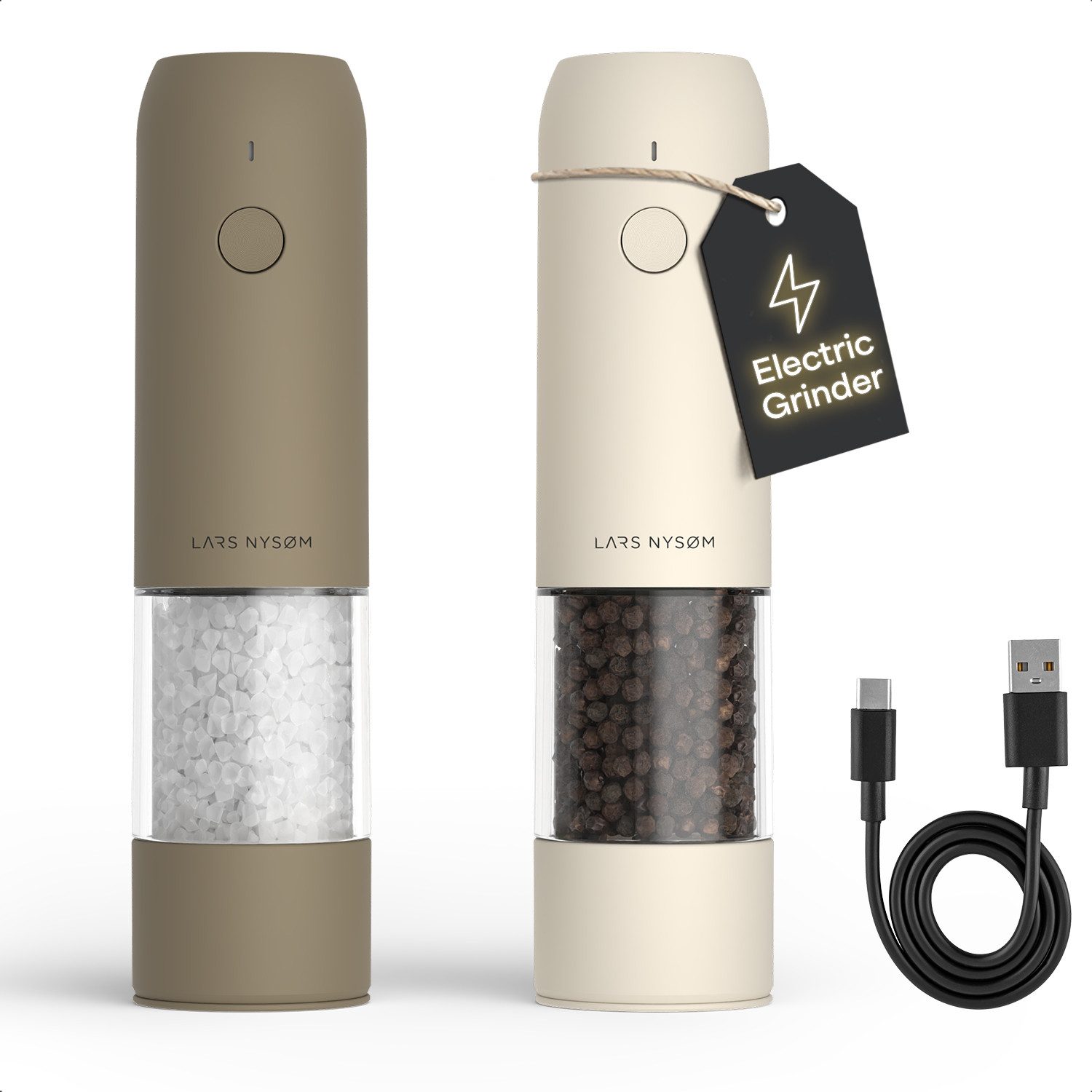 LARS NYSØM Gewürzmühle Kværne praktische Einhandbedienung per Drucktaste, (2 Stück), elektrische Salz- & Pfeffermühle mit eingebautem LED-Licht