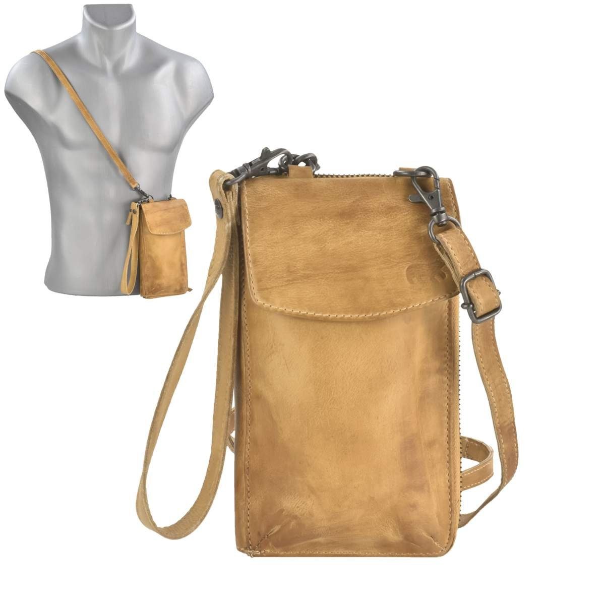 Bear Design Umhängetasche Zoey, Geldbörse, Portemonnaie, Handytasche, zum Umhängen, mit Handyfach 9x17cm, knautschig weiches Leder in gelb