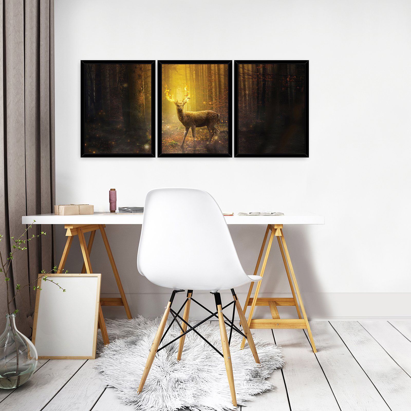 (3er, im 30x40 Bilder Mit St), cm Rahmen Wohnzimmer, 3 3er Hirsche Wallarena 3 Kunstdruck x Poster Wald Teilig Wandbilder Wandbild 3 Set SET