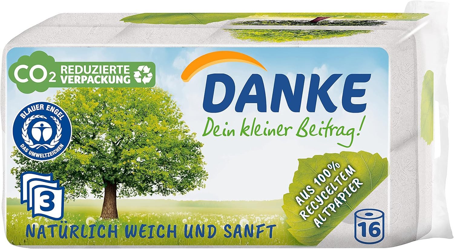 Danke Туалетний папір Туалетний папір 3 lagig aus 100% Recycling Papier, 16 Rollen (1-St)