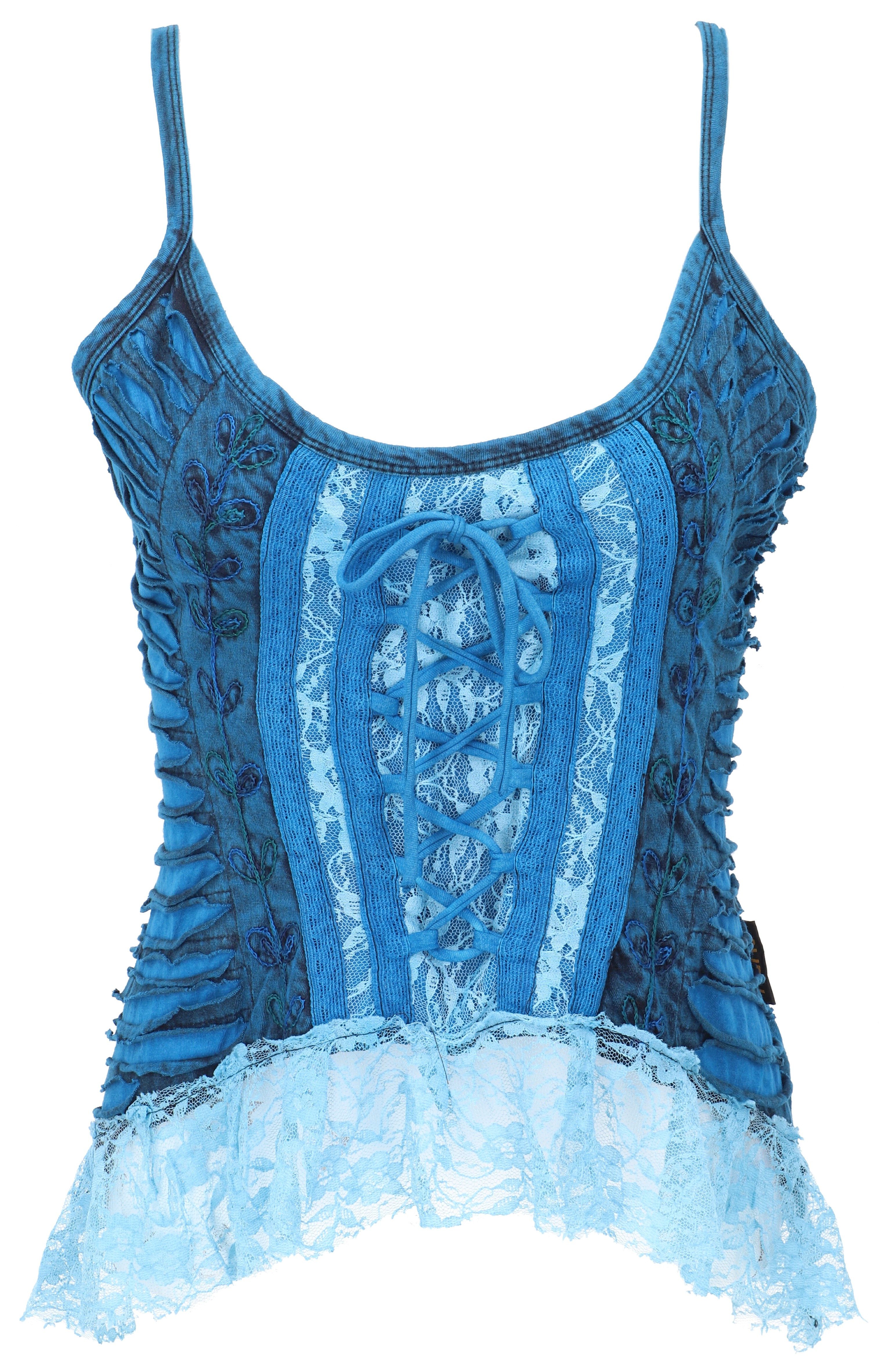 T-Shirt Boho Mittelalter Top mit Spitze - blau