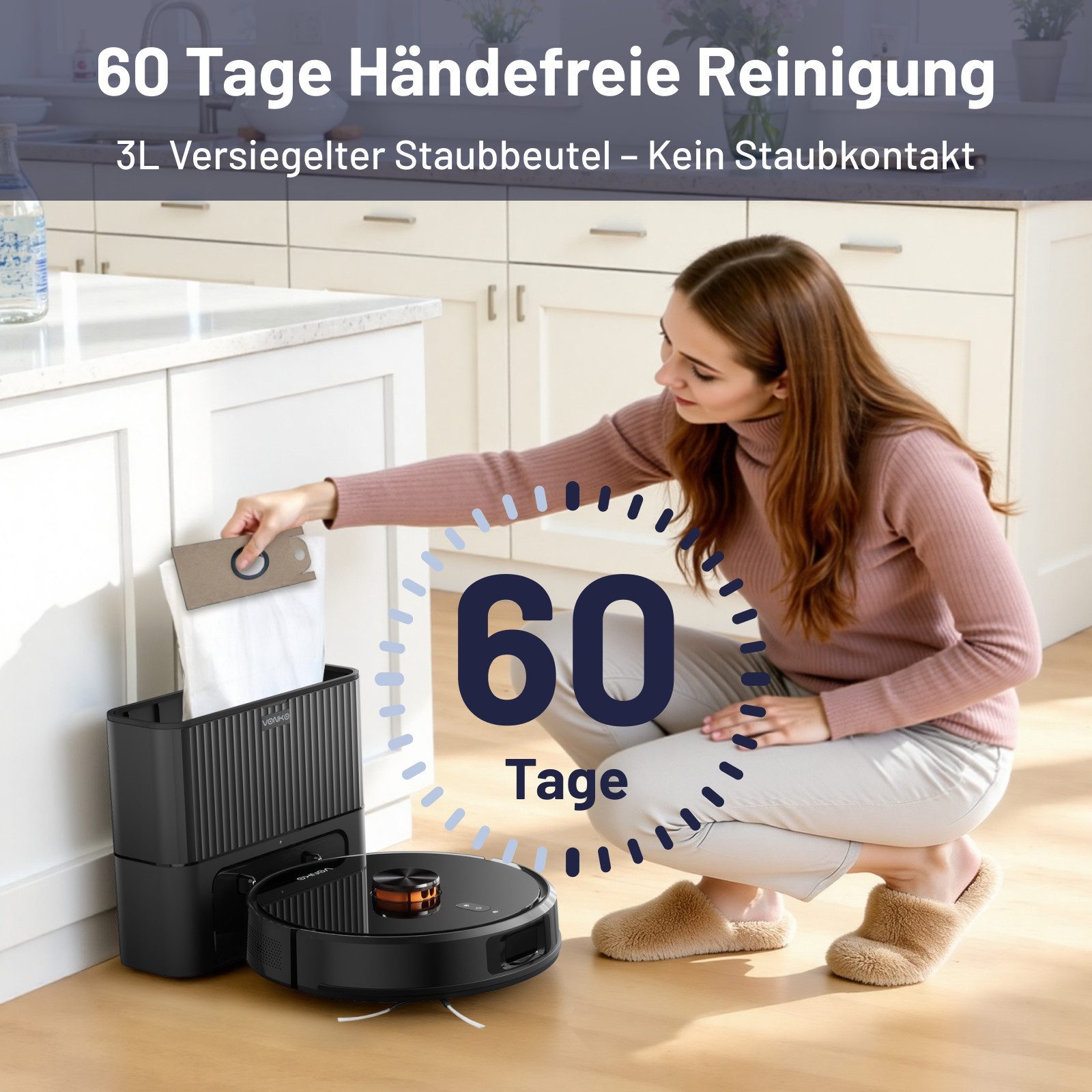 VONKO Saugroboter mit Wischfunktion S6 Pro, 8000Pa Saugkraft, LiDAR-Navigation, 50 W, Selbstentleerung, 4-in-1 Reinigung, 180 Min Laufzeit, APP-Bedienbar
