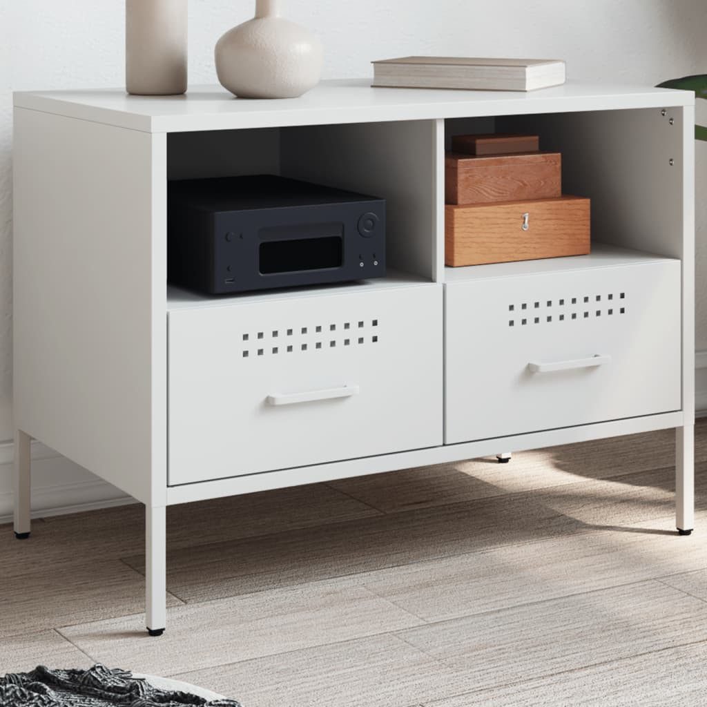 furnicato TV-Schrank Robuster Weiß 68 x 39 x 50,5 cm im Industrie-Stil (1-St) Stabiles Lowboard mit zwei Schubladen und verstellbaren Stellfüßen