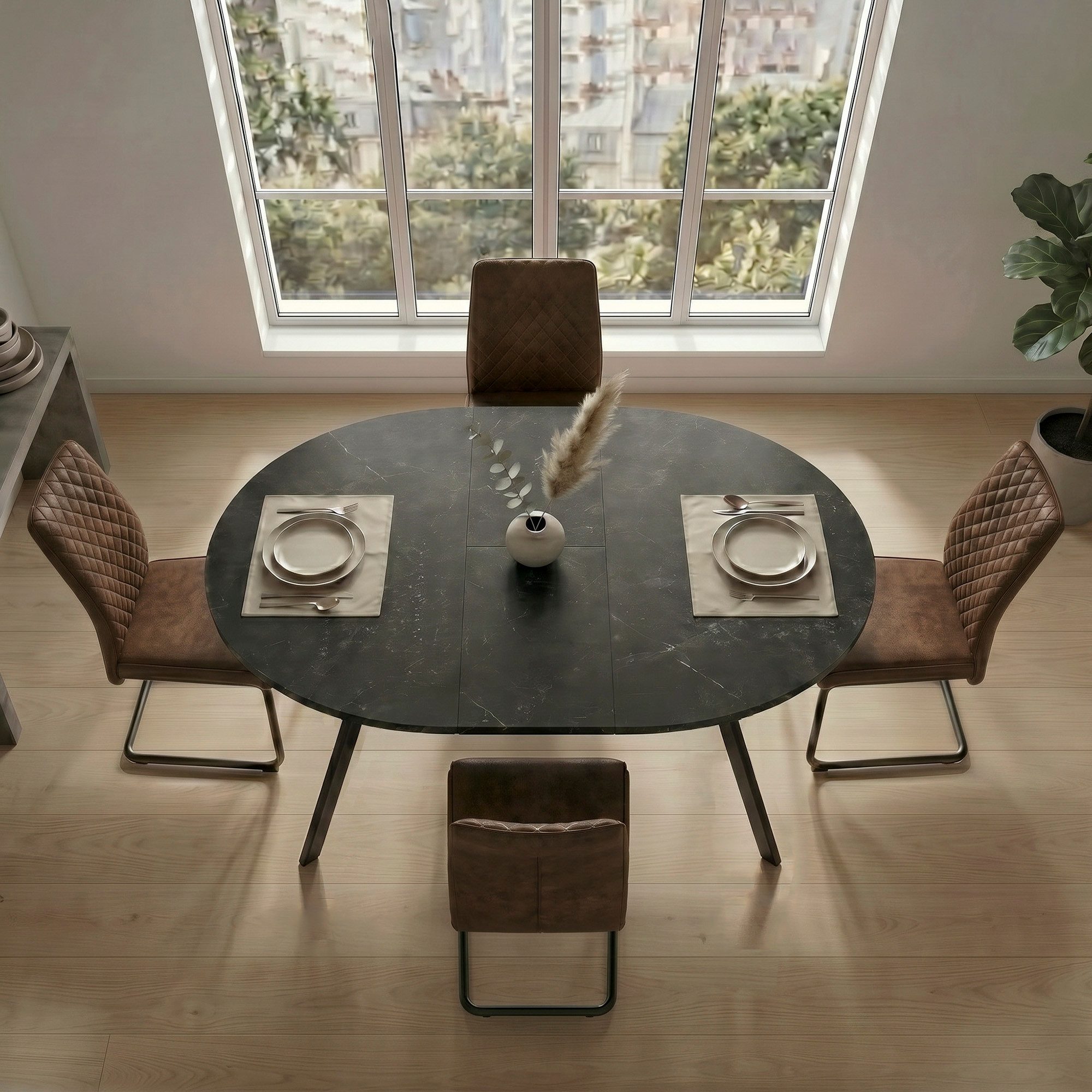 B&D home Essgruppe Essgruppe Till & Theo, (Set, 5-tlg., 1 Tisch / 4 Stühle), Runder Esstisch ausziehbar bis 145cm, Stühle in Microfaser