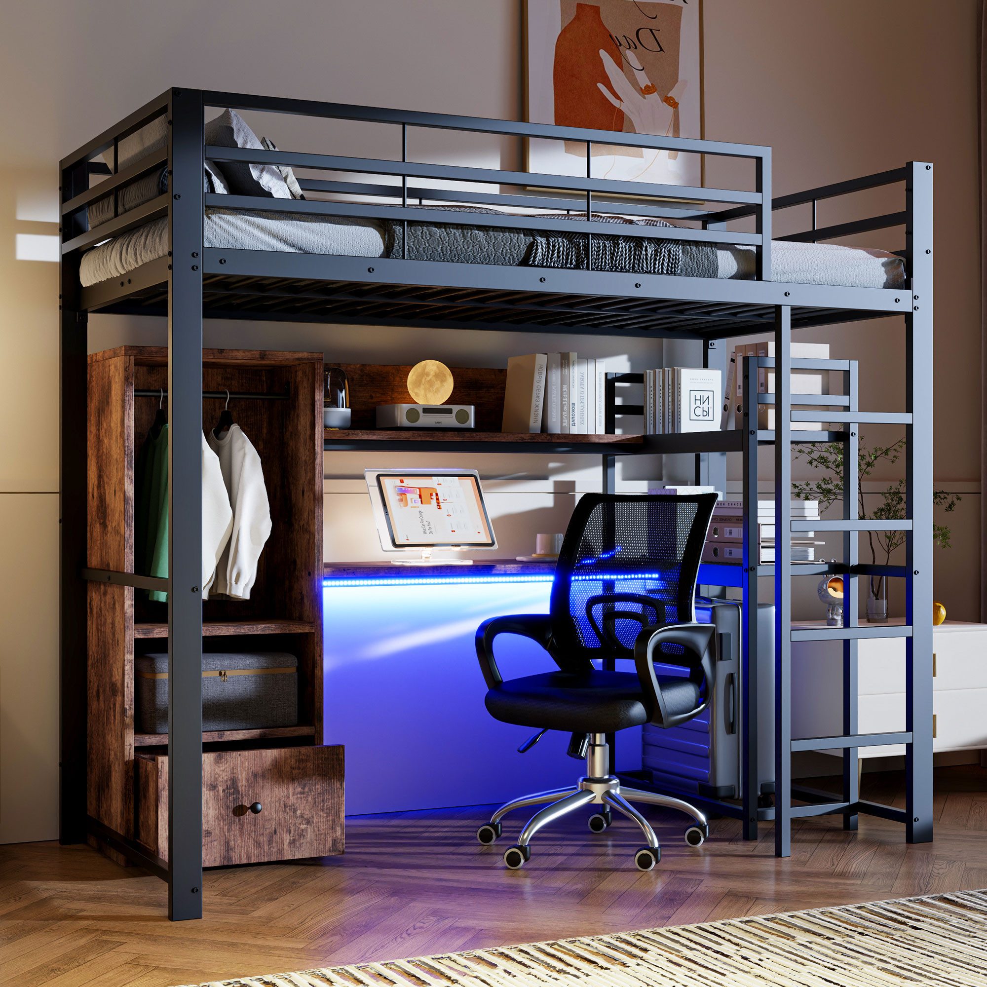 Ulife Hochbett Metallbett, mit LED-Leuchten, Schreibtisch, günstig online kaufen