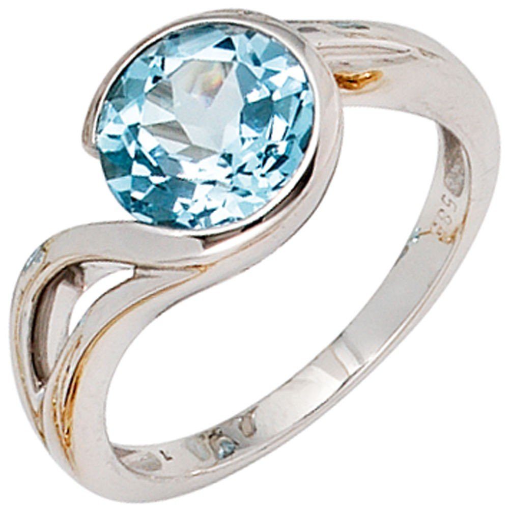Schmuck Krone Fingerring Ring Damenring aus 585 Weißgold mit Blautopas Topas hellblau Fingerschmuck, Gold 585