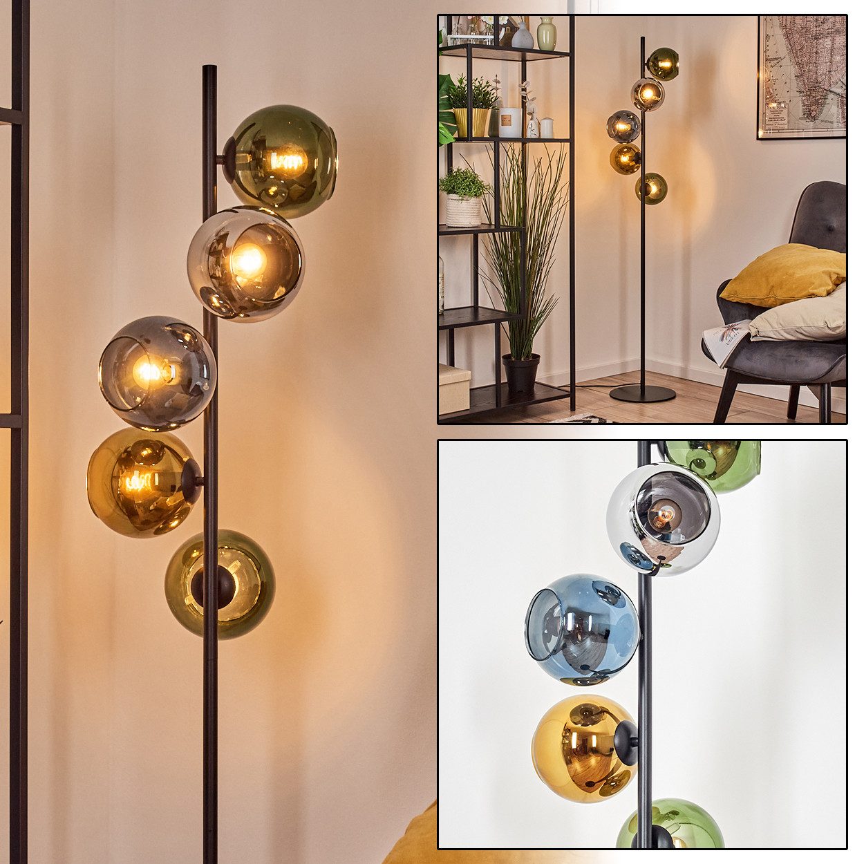 hofstein Stehlampe Stehlampe aus Metall/Glas in Schwarz/Blau/Grün/Gold/Chrom/Rauchfarben, Stehleuchte im Retro/Vintage-Design, Fußschalter, 160 cm, 5 x E14