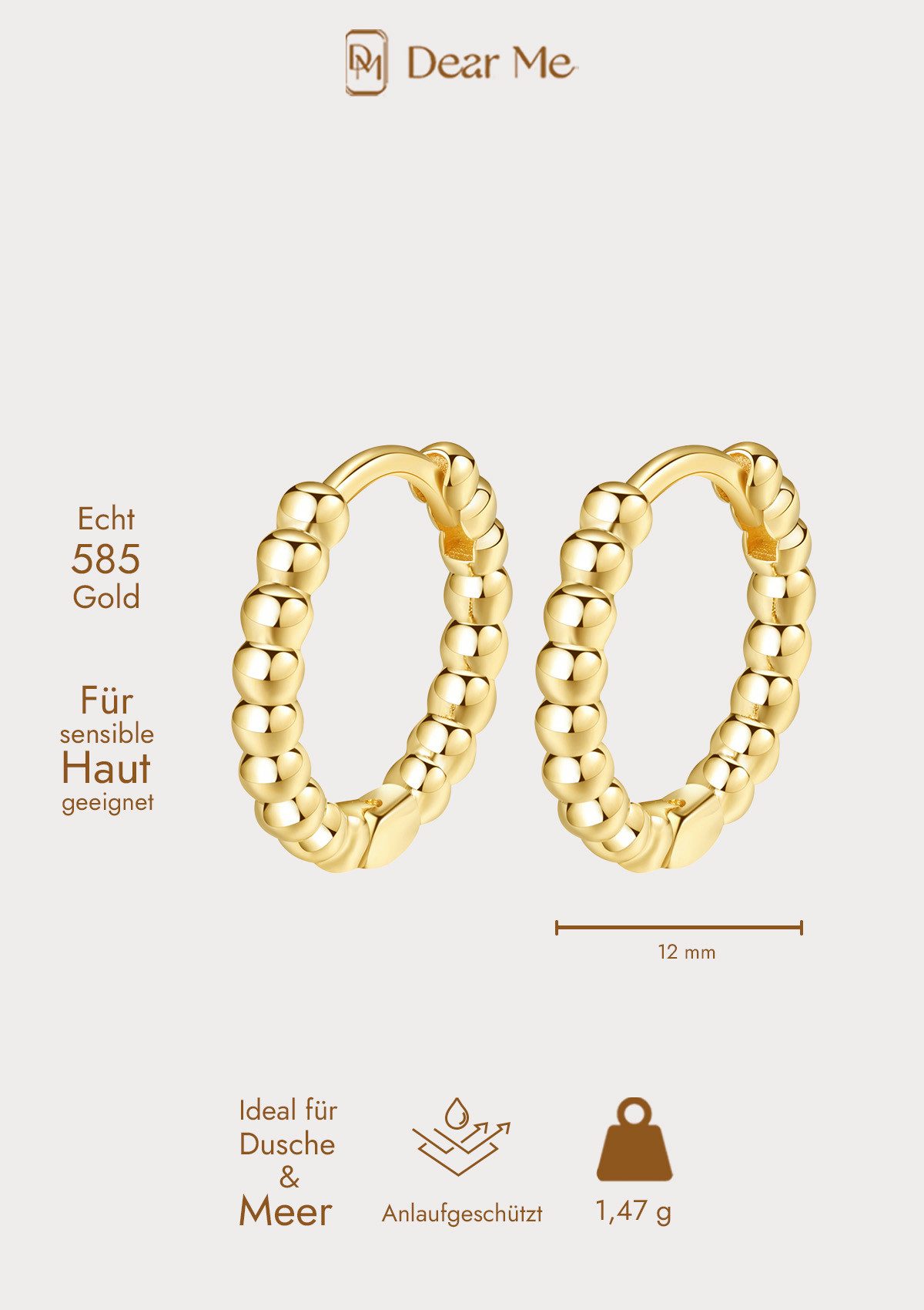 Dear Me Paar Creolen Ohrringe Gold 585 Damen Kugeln, Goldohrringe Echt Gold Massiv, Klappcreolen Glam 14 Karat Gold Erbs Design