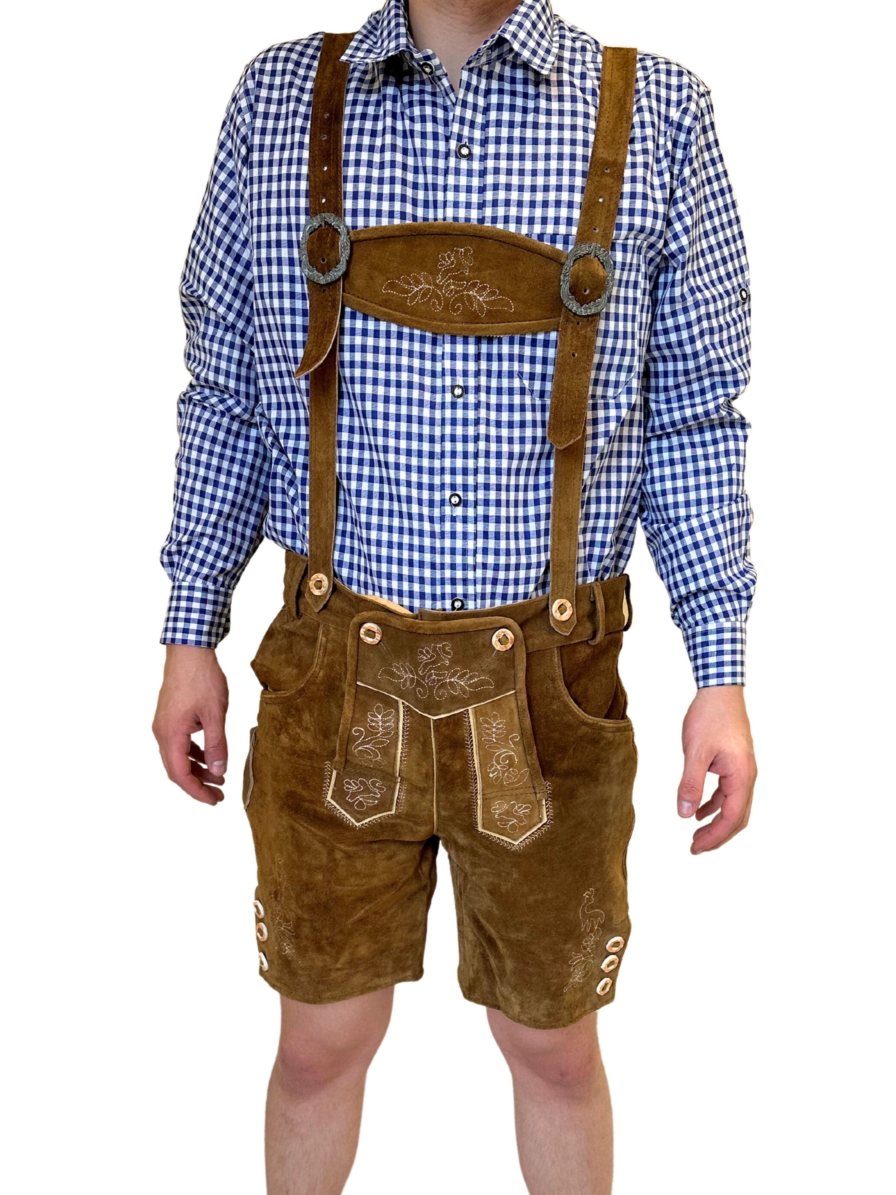 Dretaild Trachtenhose Herren Lederhose Tracht Kurz mit Hosenträgern, Rindleder Trachtenhose Premium Tracht Oktoberfest Hellbraun