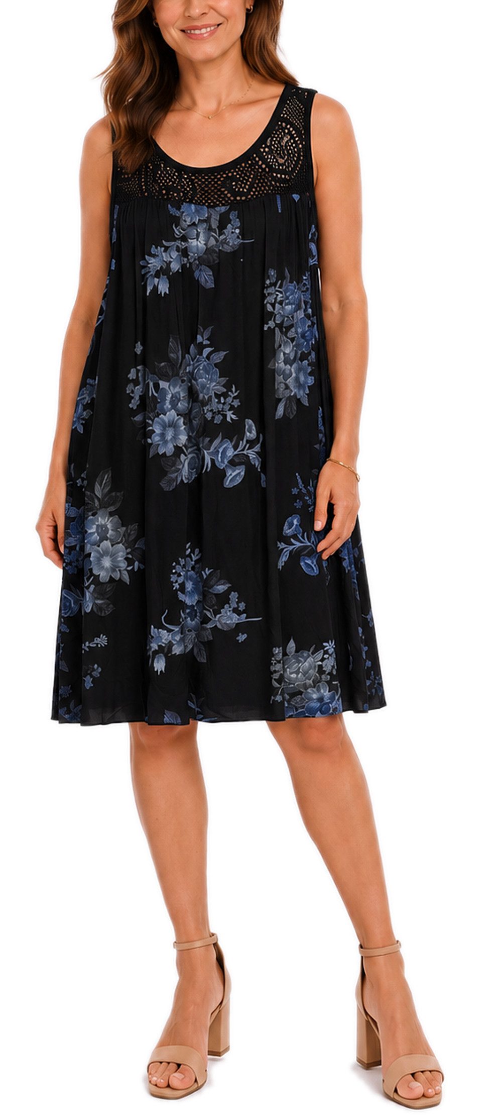 dy_mode Midikleid Damen Sommerkleid Blumenmuster Midi Kleid Strandkleid knielang Knielang, Transparente Häkel-Einsatz im Dekolleté- und Rückenbereich