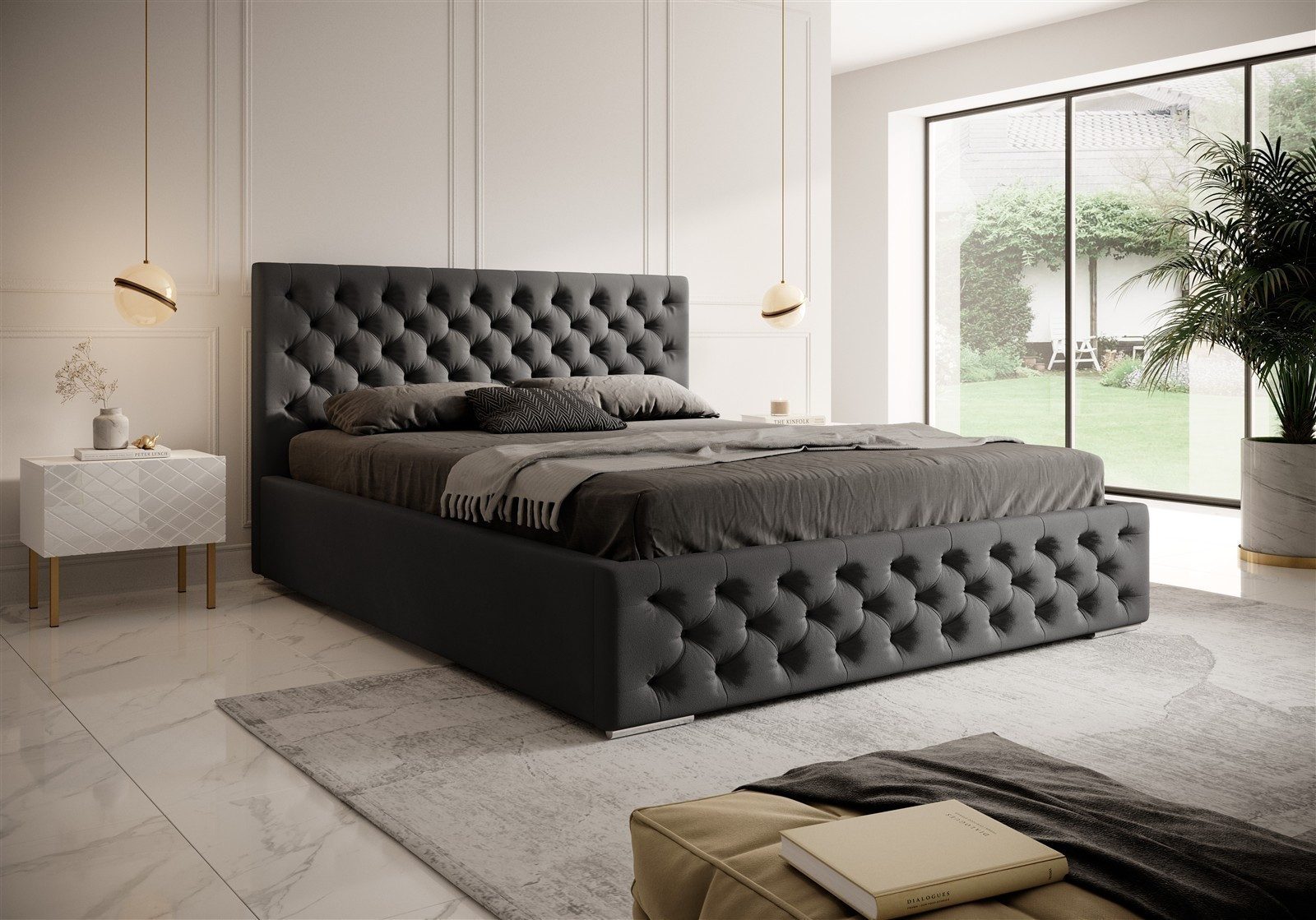 VIVENTE Möbel Polsterbett WINDSOR Samtstoff Bezug, exklusive Chesterfield Steppung, Bettkasten (Breiten 120/140/160/180/200 cm), inkl. Holz-/ Metall Rahmen Lattenrost