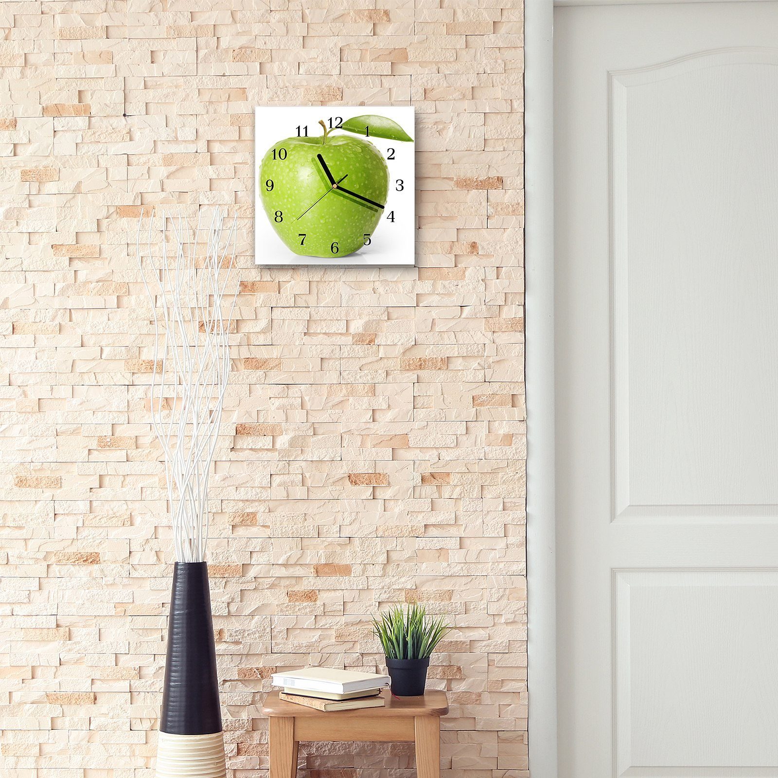 Primedeco Wanduhr Glasuhr Größe cm Apfel Wanduhr mit Ein Wandkunst 30 x 30 grüner Motiv