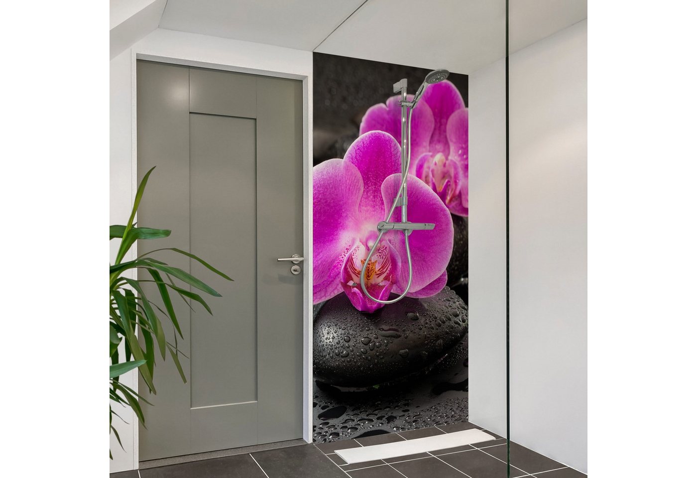 Thumbnail - Bilderdepot24 Badrückwand Orchidee pink Duschrückwand ohne Bohren Dusche, (Hartfolie matt » Selbstklebend SMART 0,35 mm)...