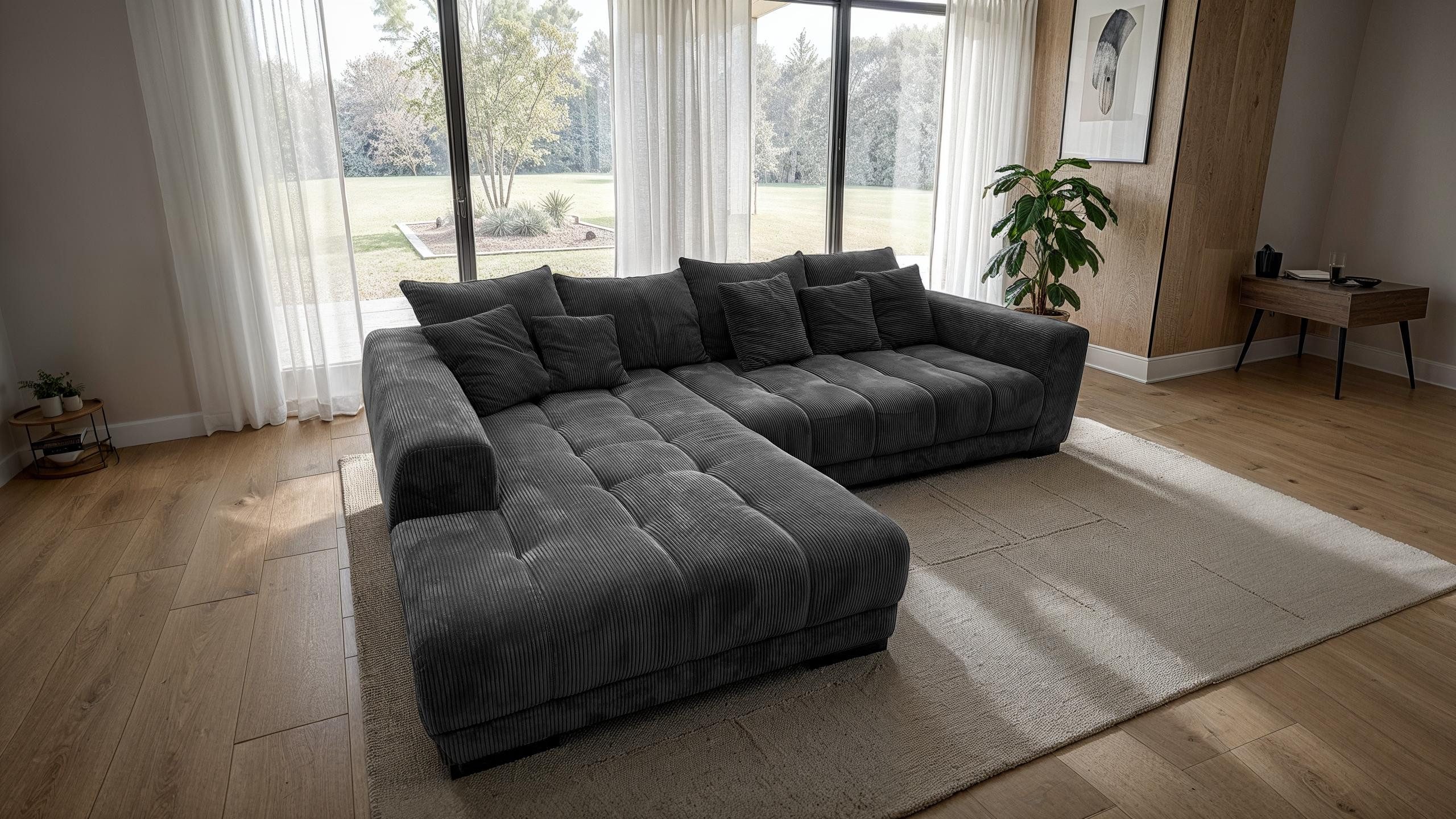Massivart® Ecksofa Cord 300x215 cm / Nosagfederung / Cordsofa / ARTEMIS, inkl. Kissen-Set · frei im Raum stellbar