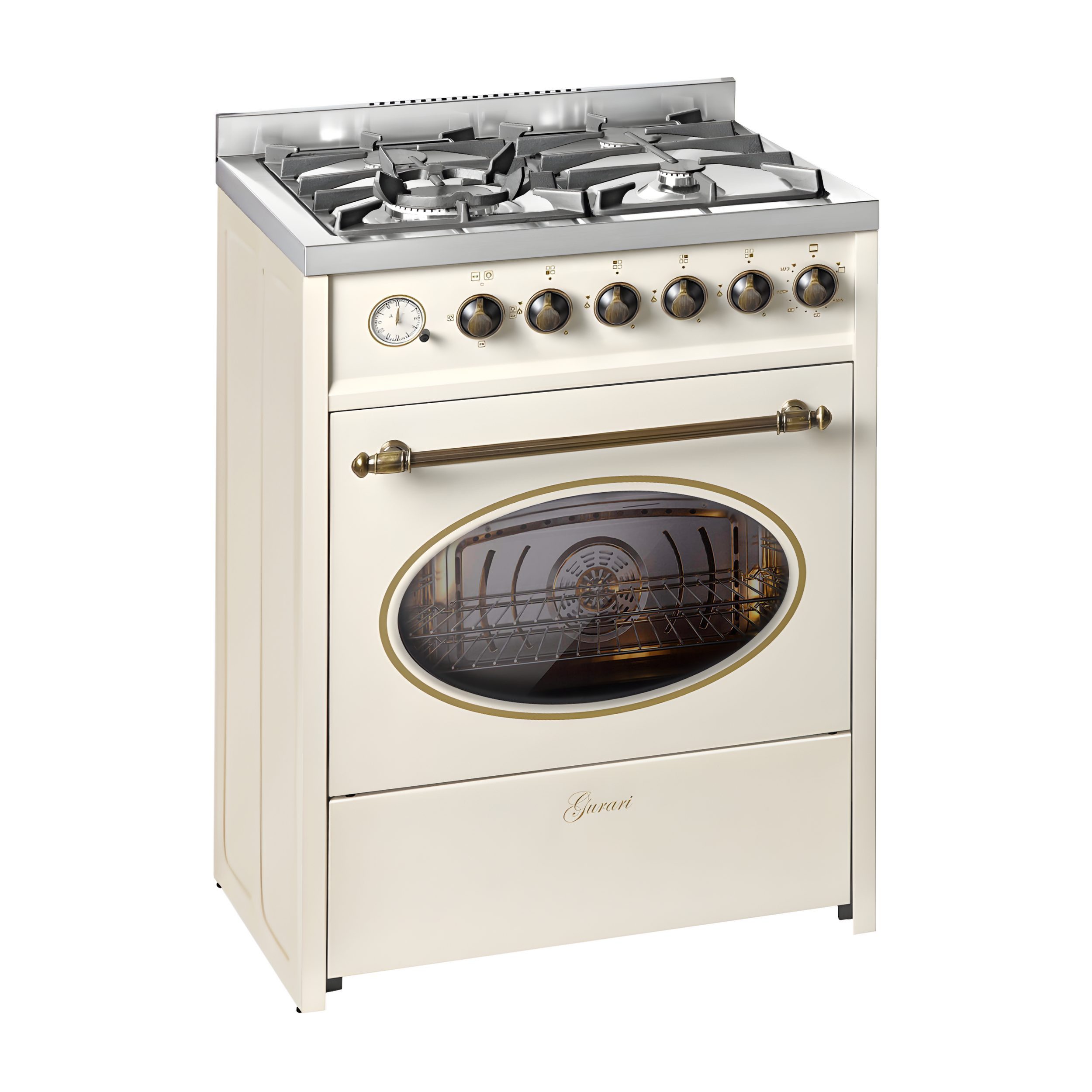 GURARI Gas-Standherd 60 cm Retro Gasherd mit Elektrobackofen 60 L, Creme, Erdgas\Fl.Gas E 614 Cr r., mit 1-fach-Teleskopauszug, Easy-Clean Emaille, Gas Kochfeld mit WOK Brenner, Multi 8 Backofen, Heißluftsystem