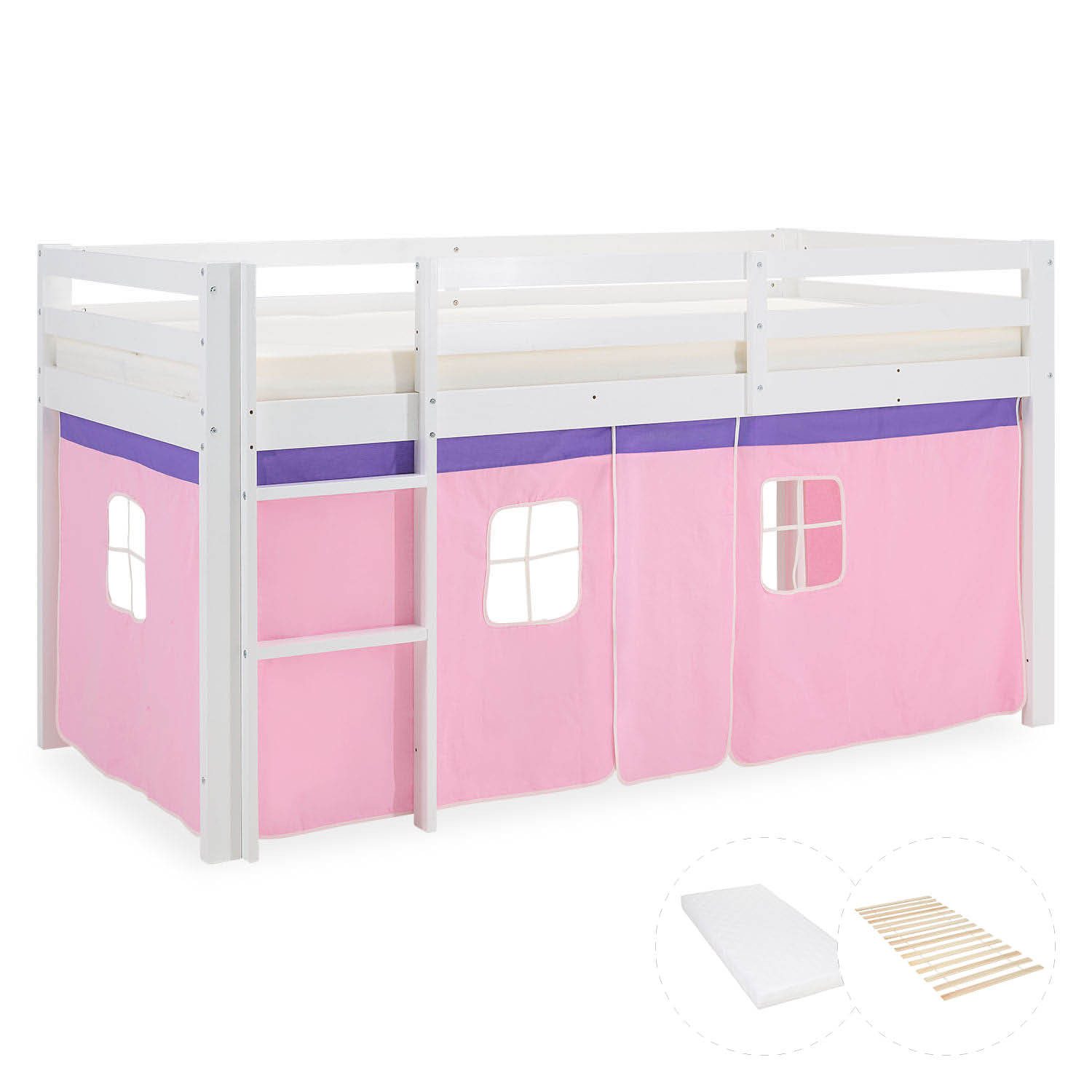 Homestyle4u Hochbett Kinder mit Rutsche mit / ohne Matratze 90x200 Rosa Mädchen (Komplett-Set mit Lattenrost, Matratze mit OEKO-TEX® Standard 100) Kiefer, Jungen Mädchen