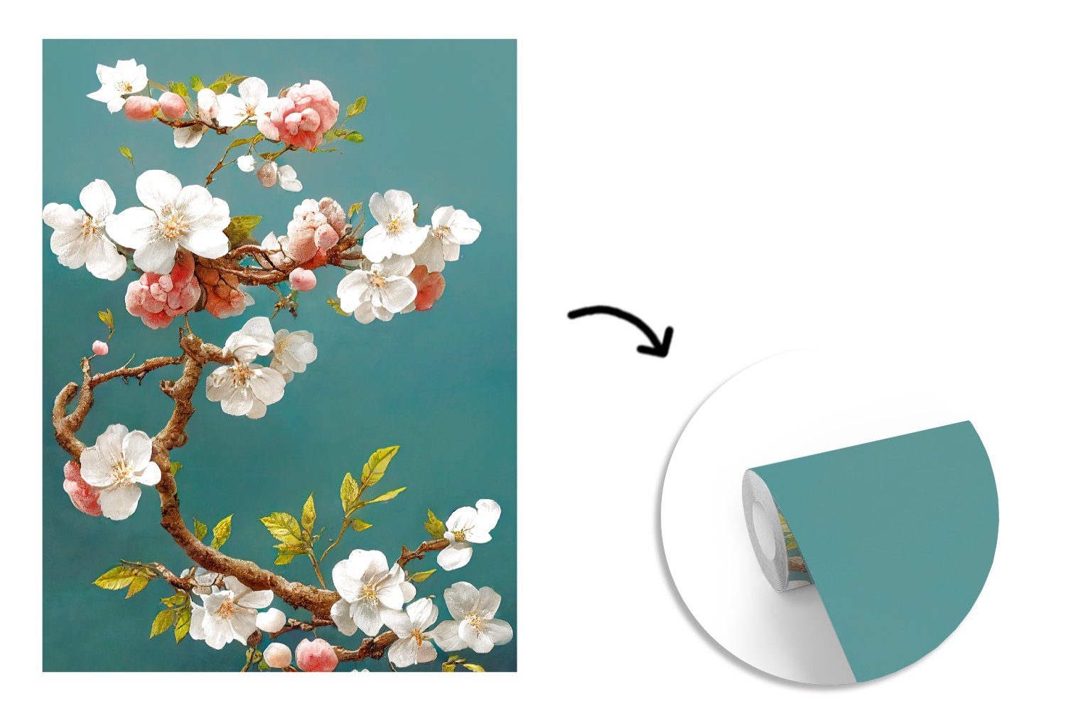 bedruckt, - MuchoWow - Kirsche Blumen - Weiß, für Matt, Wandtapete Vinyl Blüte Fototapete Wohnzimmer, Montagefertig Zweig Tapete - (4 St),