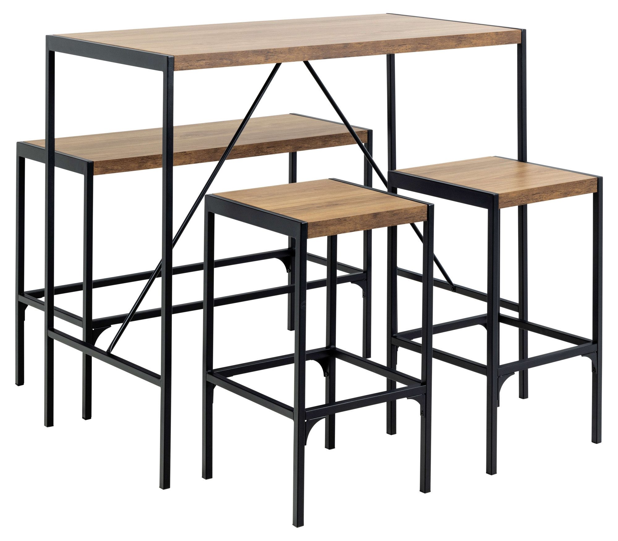 ACTONA GROUP Bar-Set Bahamas Bartisch Satz, Küchentisch, Stehtisch, (Set, 4-St), Eichenoptik, schwarze Stahlbeine, Bank und 2 Hocker, Fußstütze