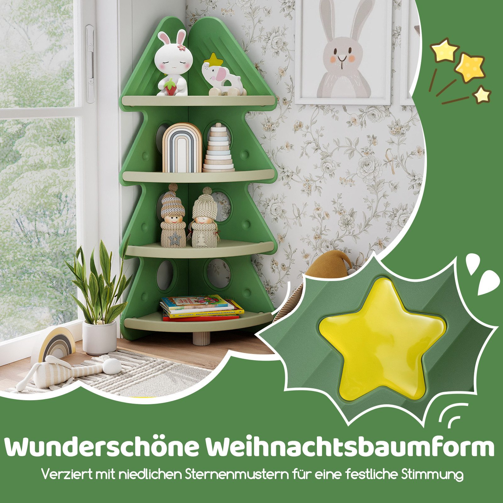 COSTWAY Kinderregal, 4-stöckiges Kinder-Weihnachtsbaum-Eckbücherregal