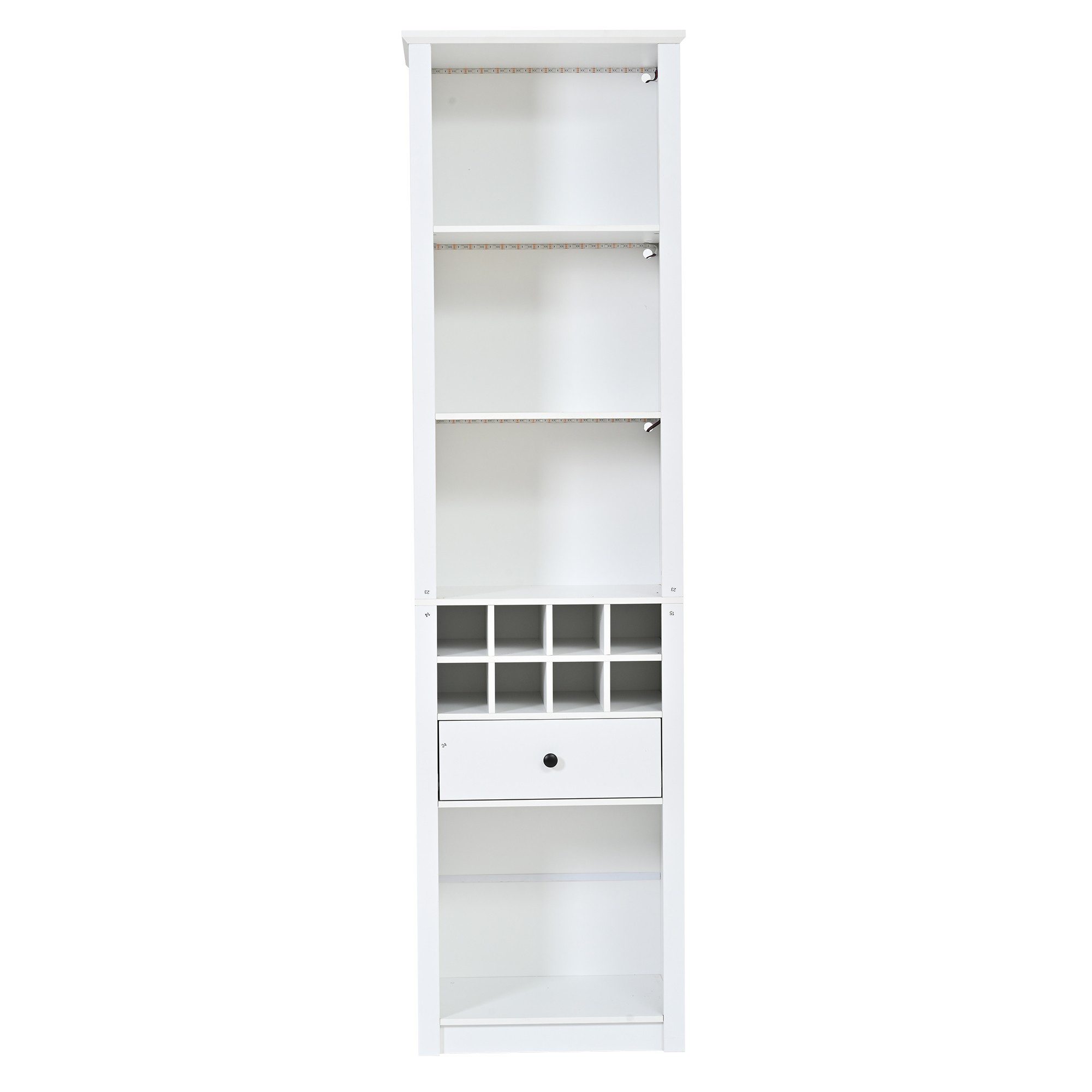 BlingBin Standregal weißer Hochschrank 200 cm, Bücherregal mit Weinfach, Vitrinenschrank 1-tlg., mit LED, 1 Schublade und 12 Staufächern, offenes Aufbewahrungsregal