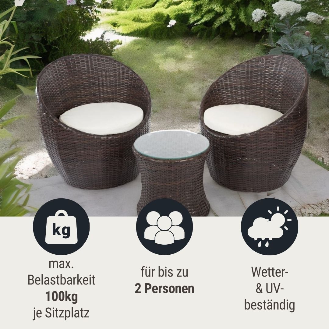 Wohnando Garten-Essgruppe Balkonmöbel Garten kleine Sitzgruppe "Rolf", Korbgeflecht, (3-tlg), bestehend aus 2 Sesseln und 1 Tisch