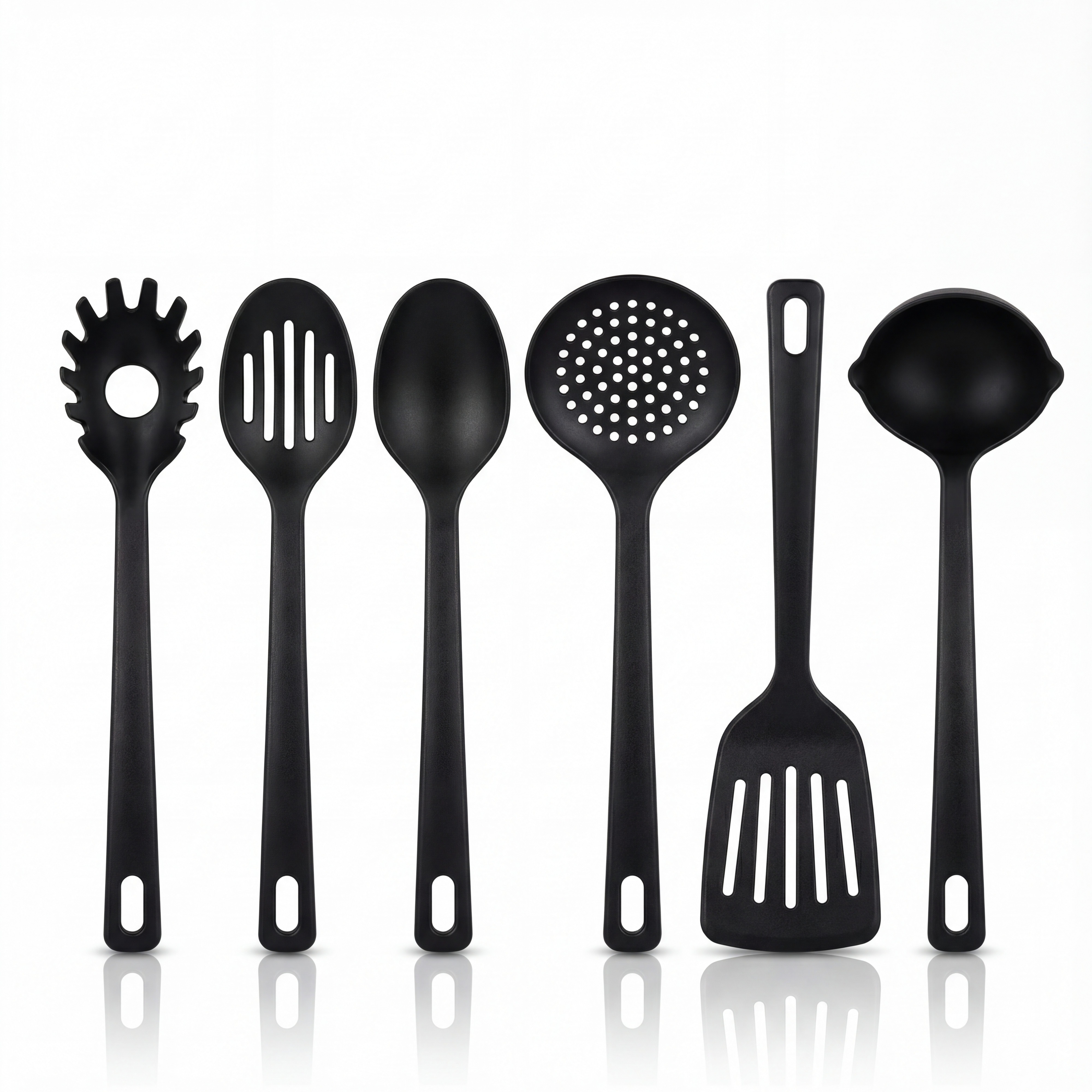 Arendo Kochbesteck-Set Küchenhelfer 6er Set, spülmaschinenfest, kratzfrei & lebensmittelecht (Set, 6-tlg., robuste Suppenkelle, Pasta-, Schaum-, Seih- & Servierlöffel, Wender), Küchenutensilien für beschichtete Pfannen & Töpfe, hitzebeständig