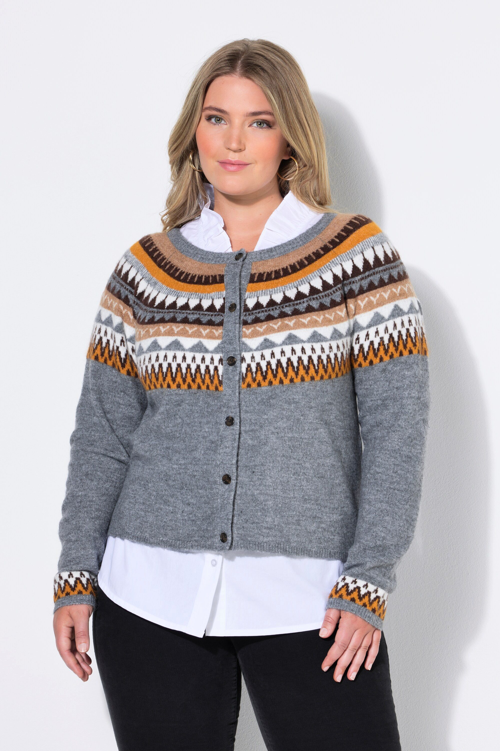 Ulla Popken Strickjacke Norweger-Strickjacke Slim Rundhals Langarm