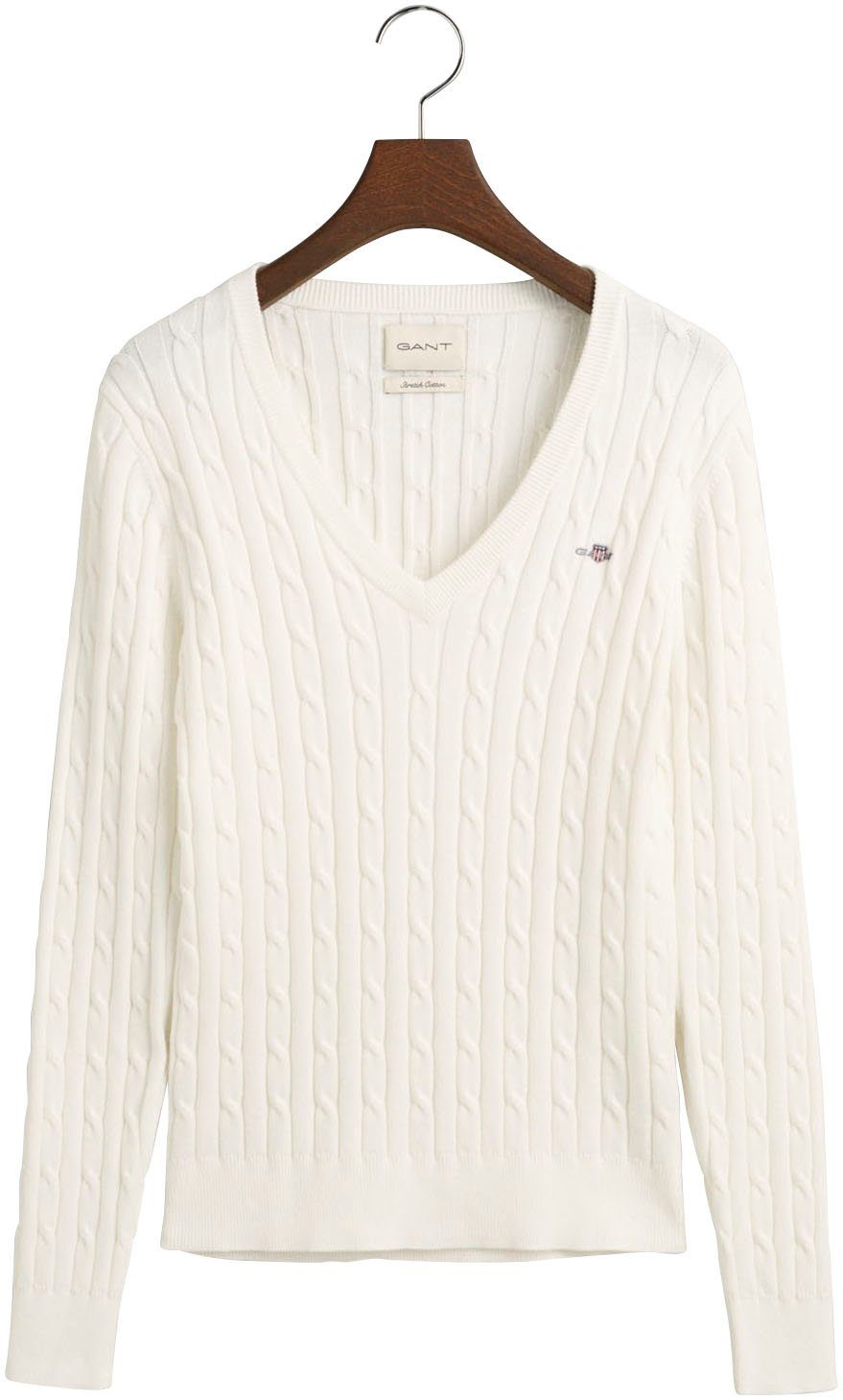 Gant Strickpullover STRETCH auf mit V-NECK Eggshell Logostickerei CABLE Brust der COTTON