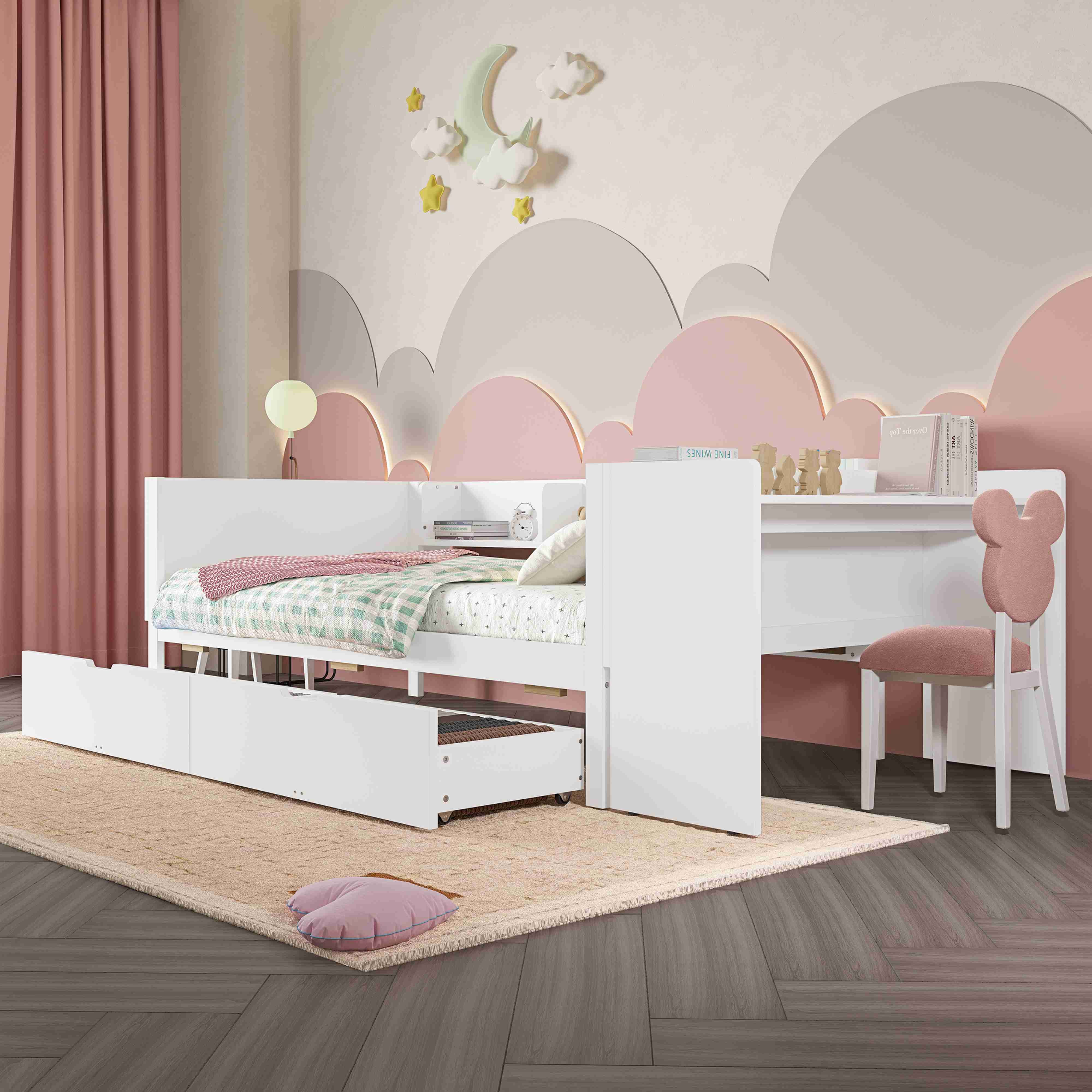 BlingBin Holzbett Kinderbett Multifunktionales Bett (1-tlg., mit Schreibtisch, 2 Schubladen und 3 Bücherregal, Ohne Matratze), weiß,Kiefernholz+Spanplatte, 90x200cm, für Kinder und Jugendliche