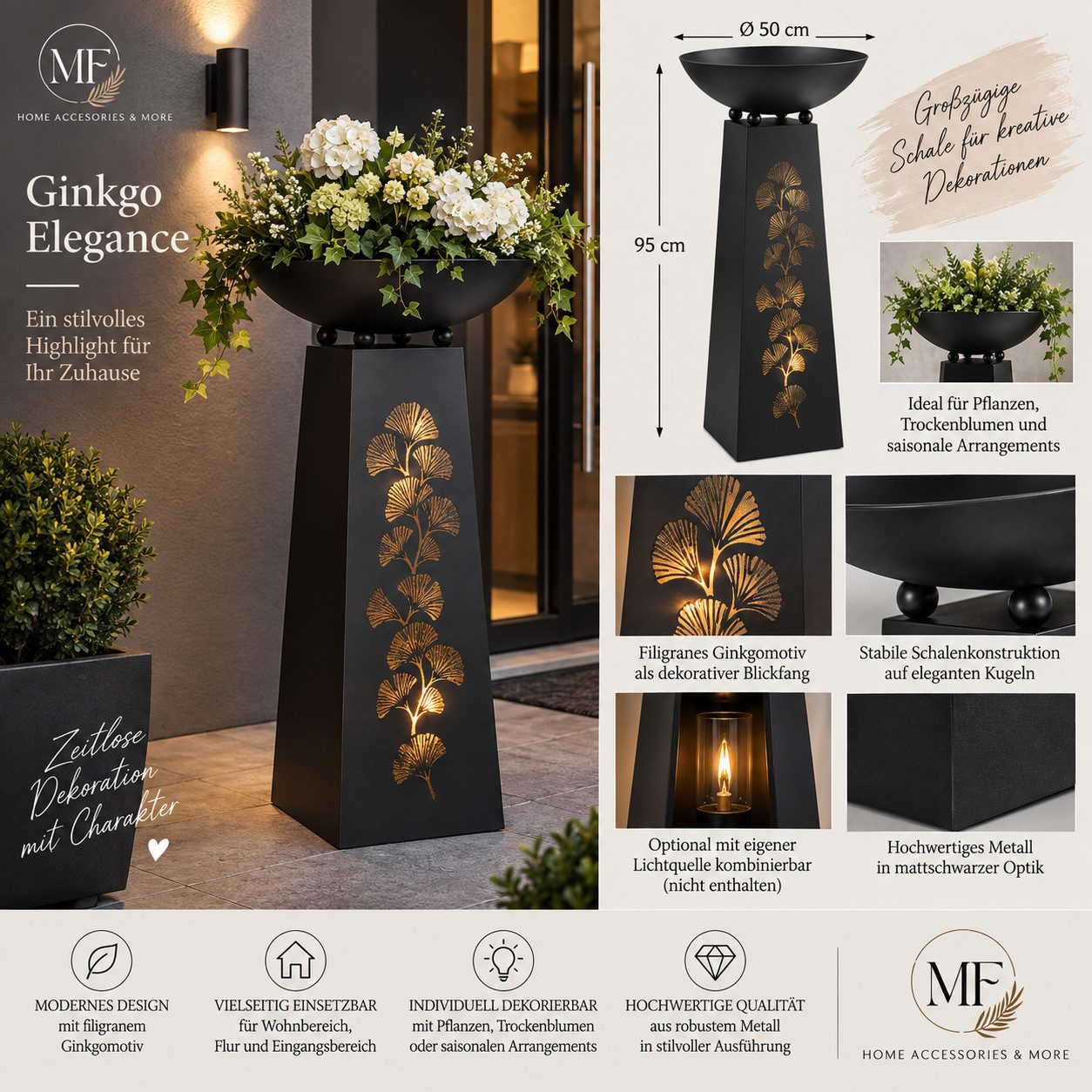 MF Dekoschale Ginkgo Elegance Schalenständer Schwarz Metall 95cm Dekosäule (1 St) – Bild 4 von 5