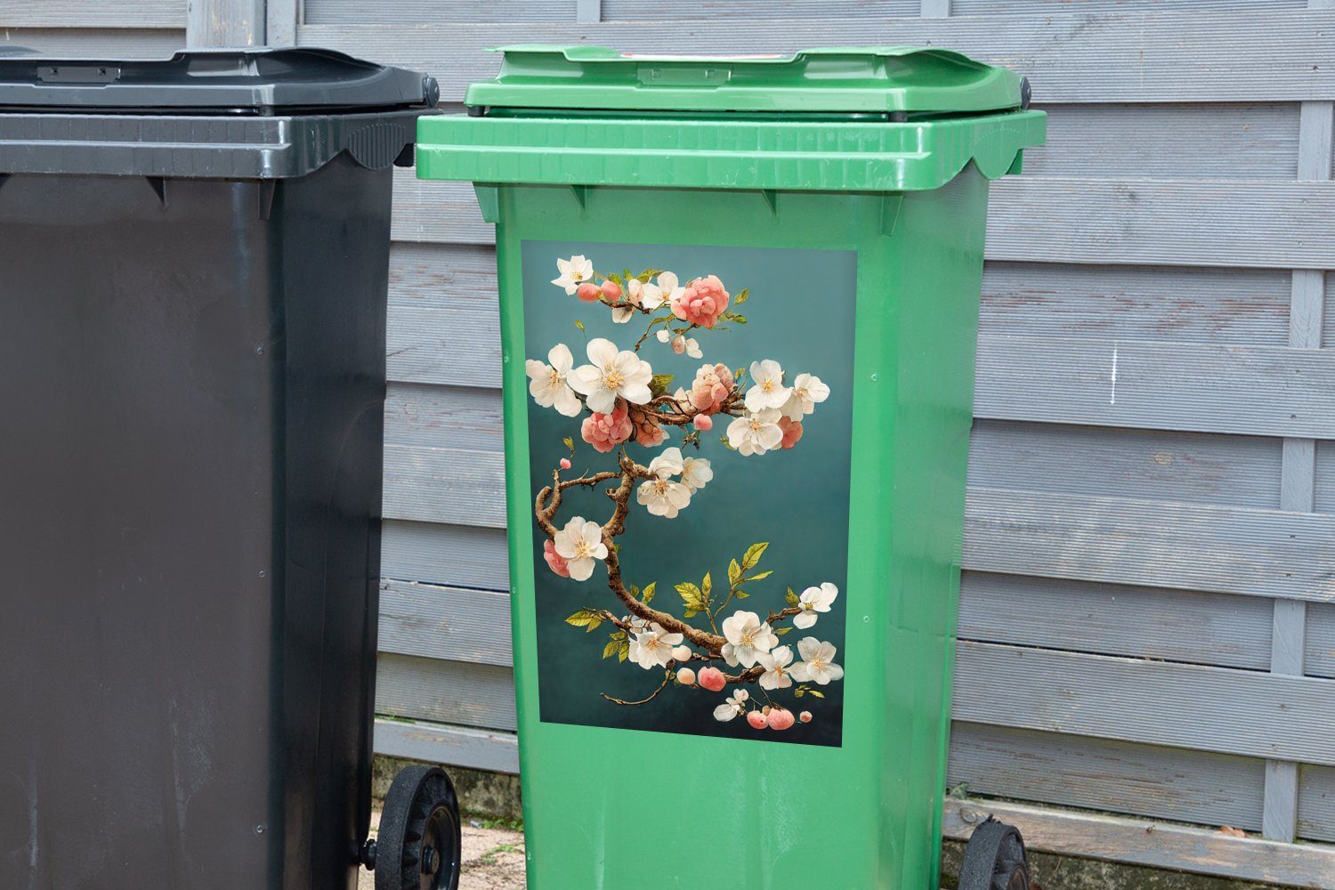 MuchoWow Wandsticker Blumen - Zweig - Sticker, Weiß (1 Container, - Mülltonne, Abfalbehälter Kirsche Mülleimer-aufkleber, Blüte St), 