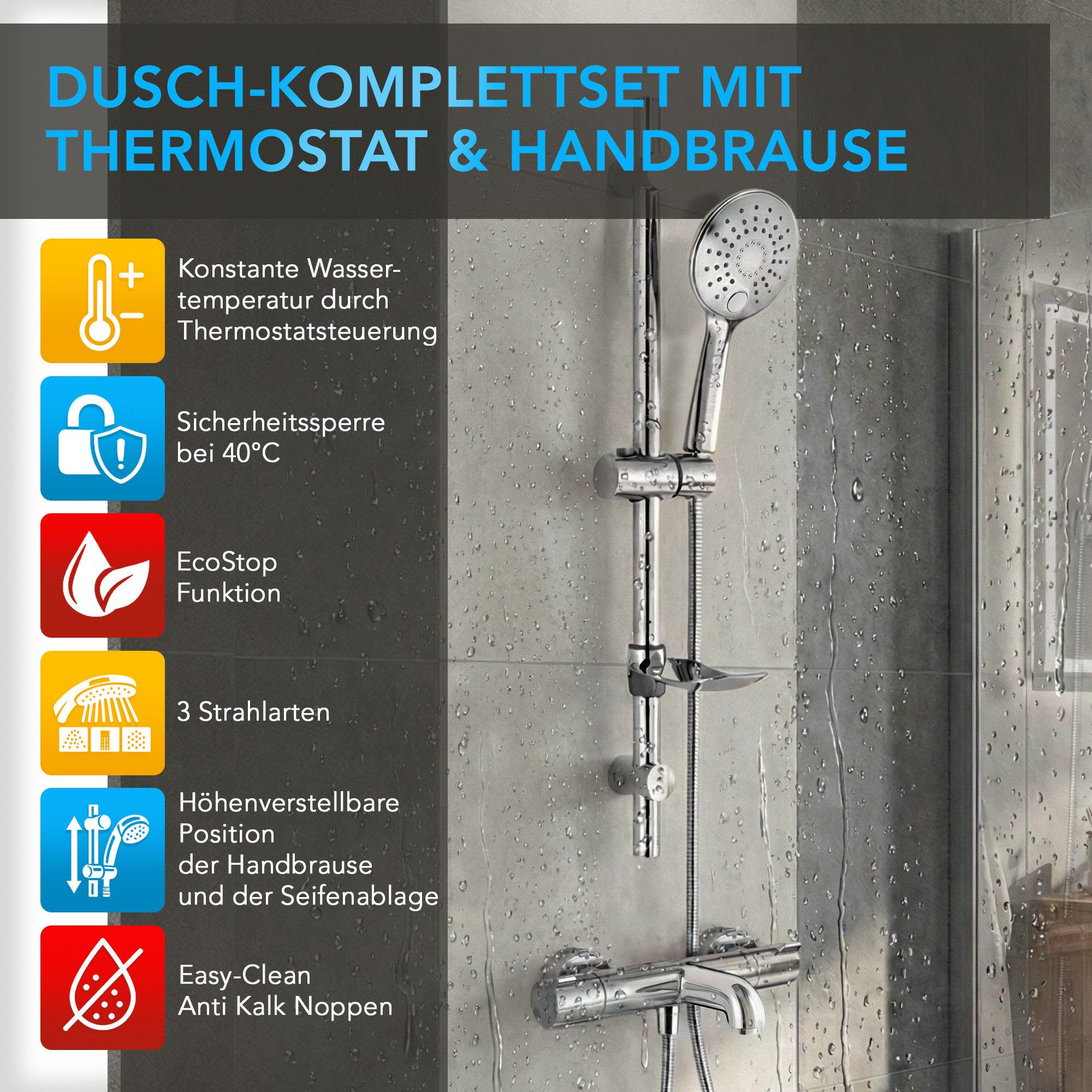hansgrohe Wannenarmatur Ecostat 1001 CL Wannenthermostat Set mit Aloni Handbrause Regendusche (Spar-Set) Wannenthermostat mit Eco-Funktion in Modern-Design, Wandmontage, chrom