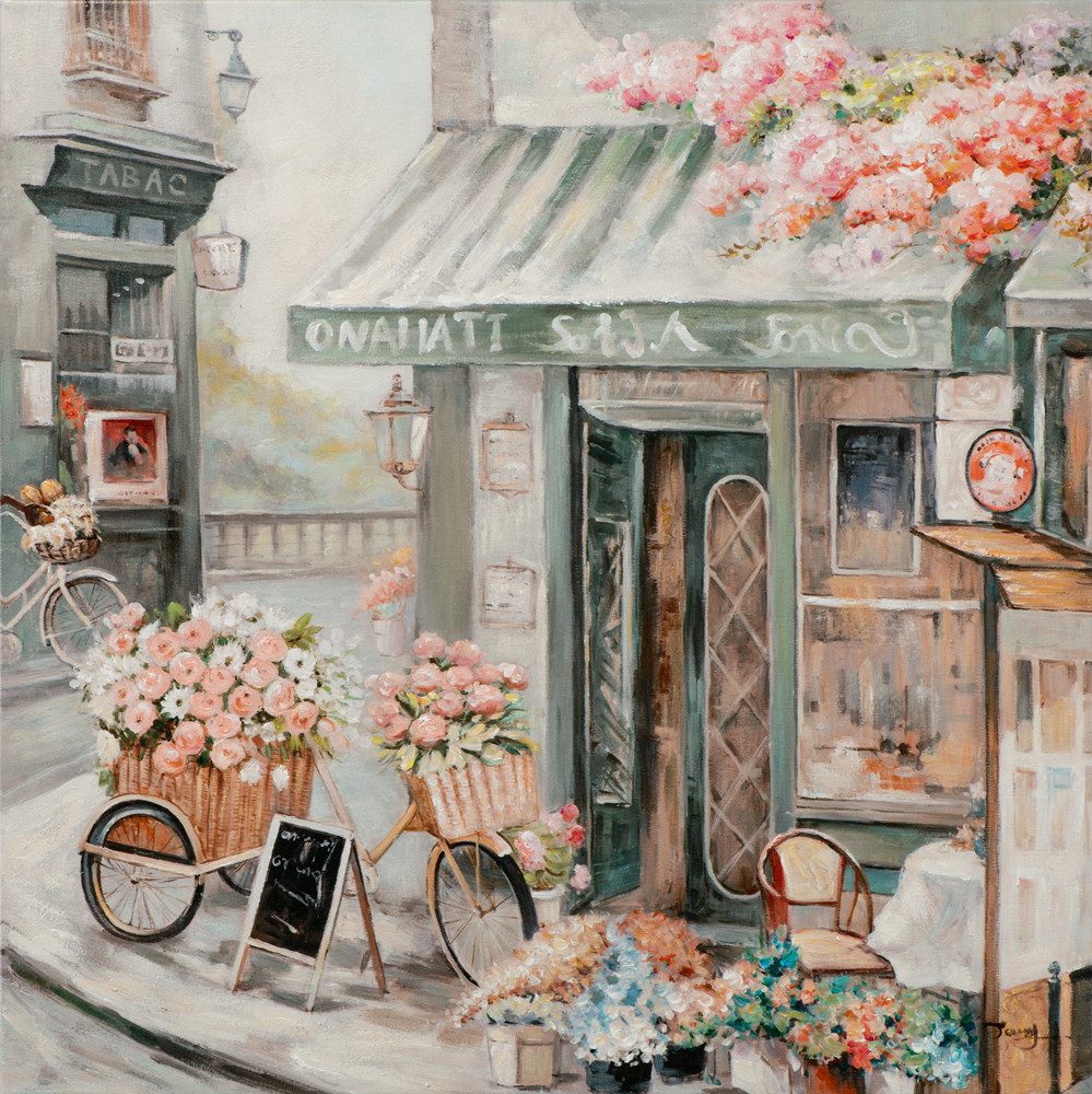 ArtUniverse Gemälde Leinwandbild Romantischer Bumenladen 80 x 80 cm, Städtemotiv