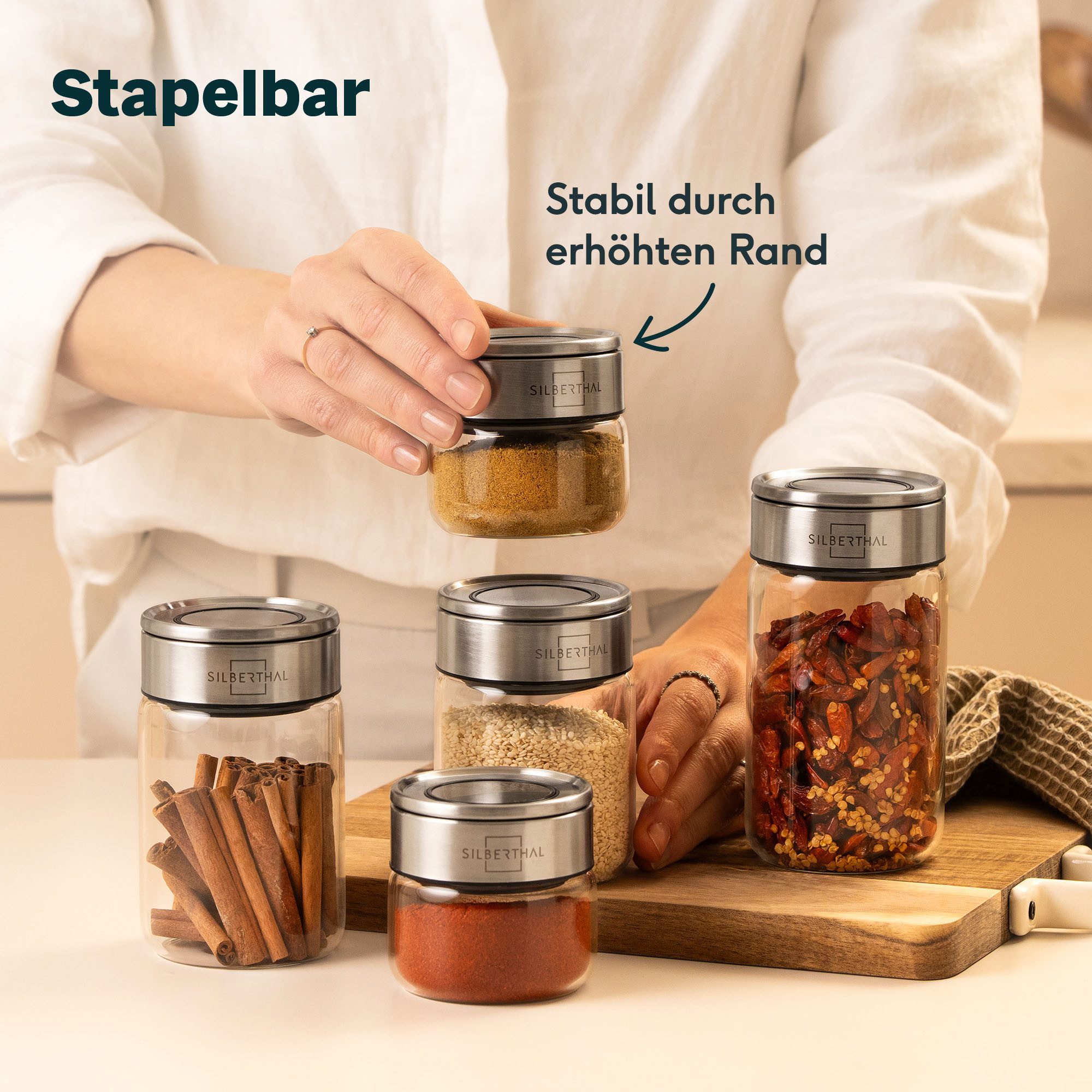 SILBERTHAL Gewürzbehälter Gewürzglas 100 ml mit Klickdeckel, Glas, Edelstahl, (Einzeln, 1-tlg), Luftdicht & Mottensicher – Bild 4 von 5