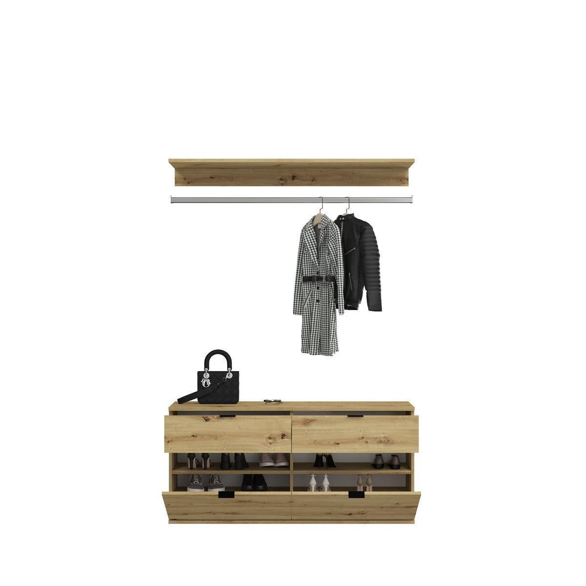 möbelvita Garderobenschrank Vision X Kommode + Garderobenstange B/H/T 121x62+3+14x34 in Artisan