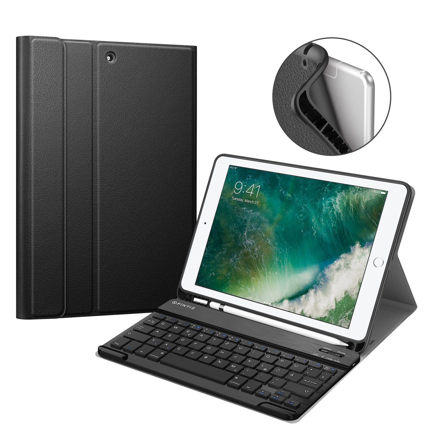 Fintie Tablet-Hülle für iPad 9.7 2018 (6. Gen) mit magnetisch QWERTZ Bluetooth Tastatur, Soft TPU Rückseite Gehäuse Keyboard Case mit eingebautem Pencil Halter