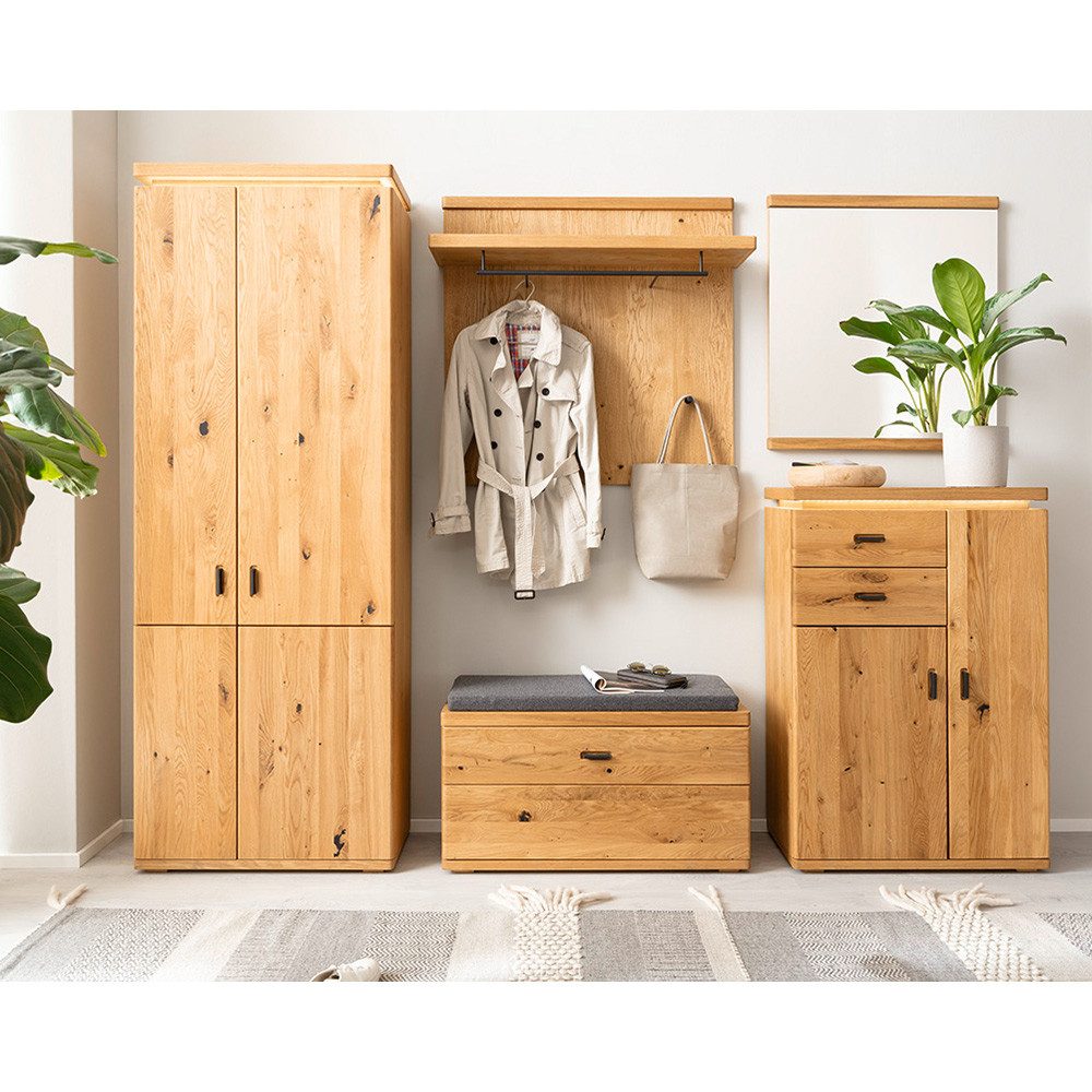 Lomadox Garderoben-Set BELLAMONTE-05, (Spar-Set, 6-St., Kommode Spiegel Paneel Bank Sitzkissen Schrank), Balkeneiche teilmassiv, zum Teil momtiert, 6-teilig
