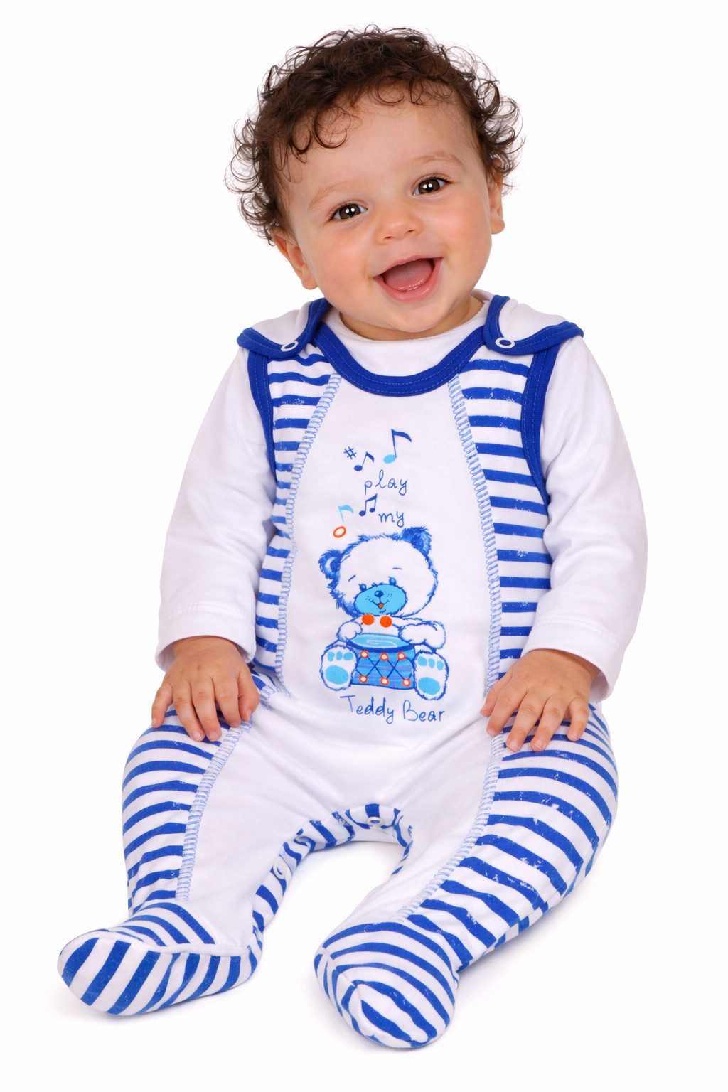 Strampler Baby Anzug Hemdchen langarm und Stramplerhose in weiß blau