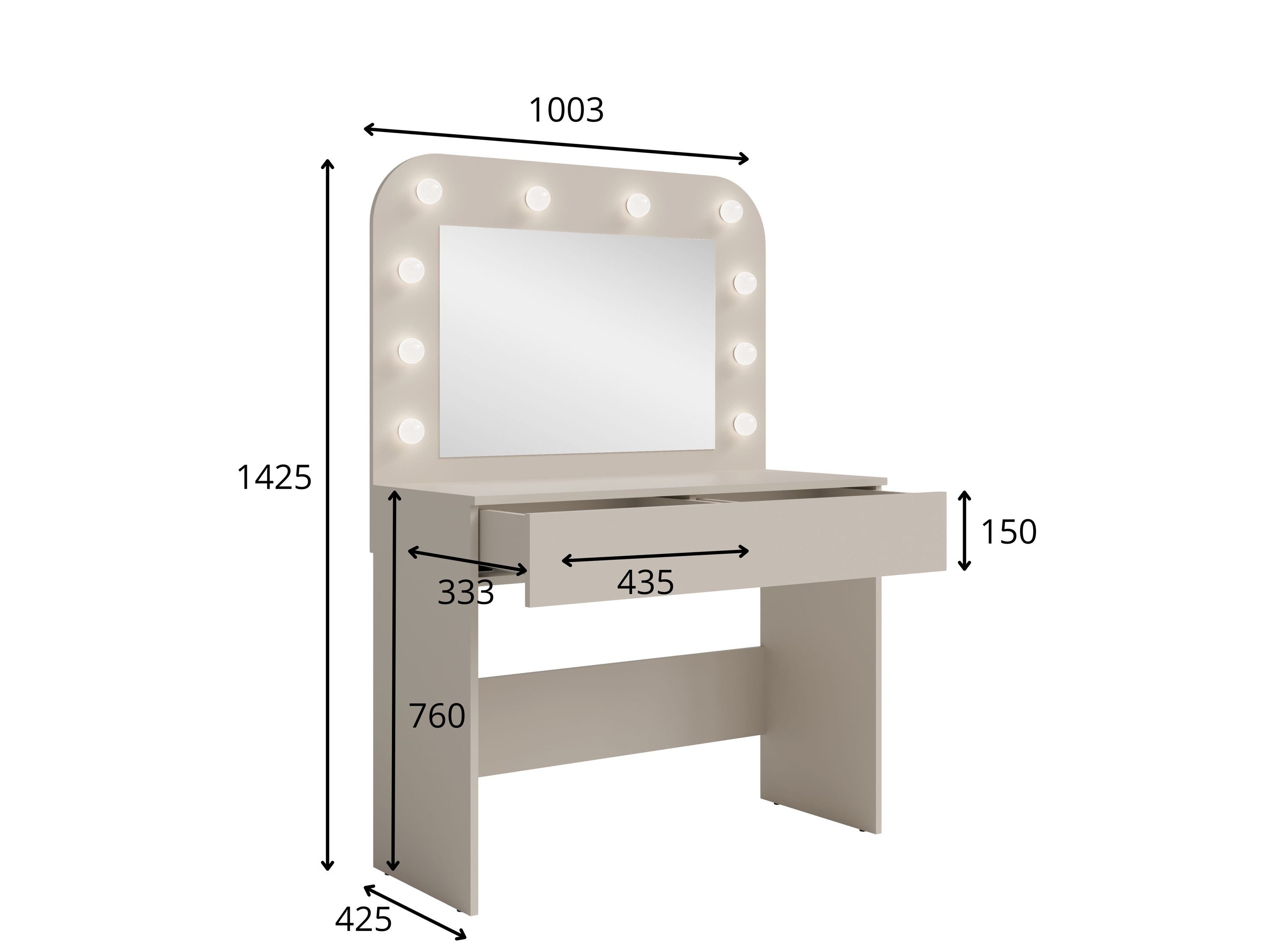 Raumhirsch Furniture Schminktisch Kosmetiktisch, Frisiertisch, Schminkkommode mit Spiegel (Maße: 100,3 x 142,5 x 42,5 cm (Spiegel mit Lichtkugeln, 1 Schublade), – Bild 3 von 5