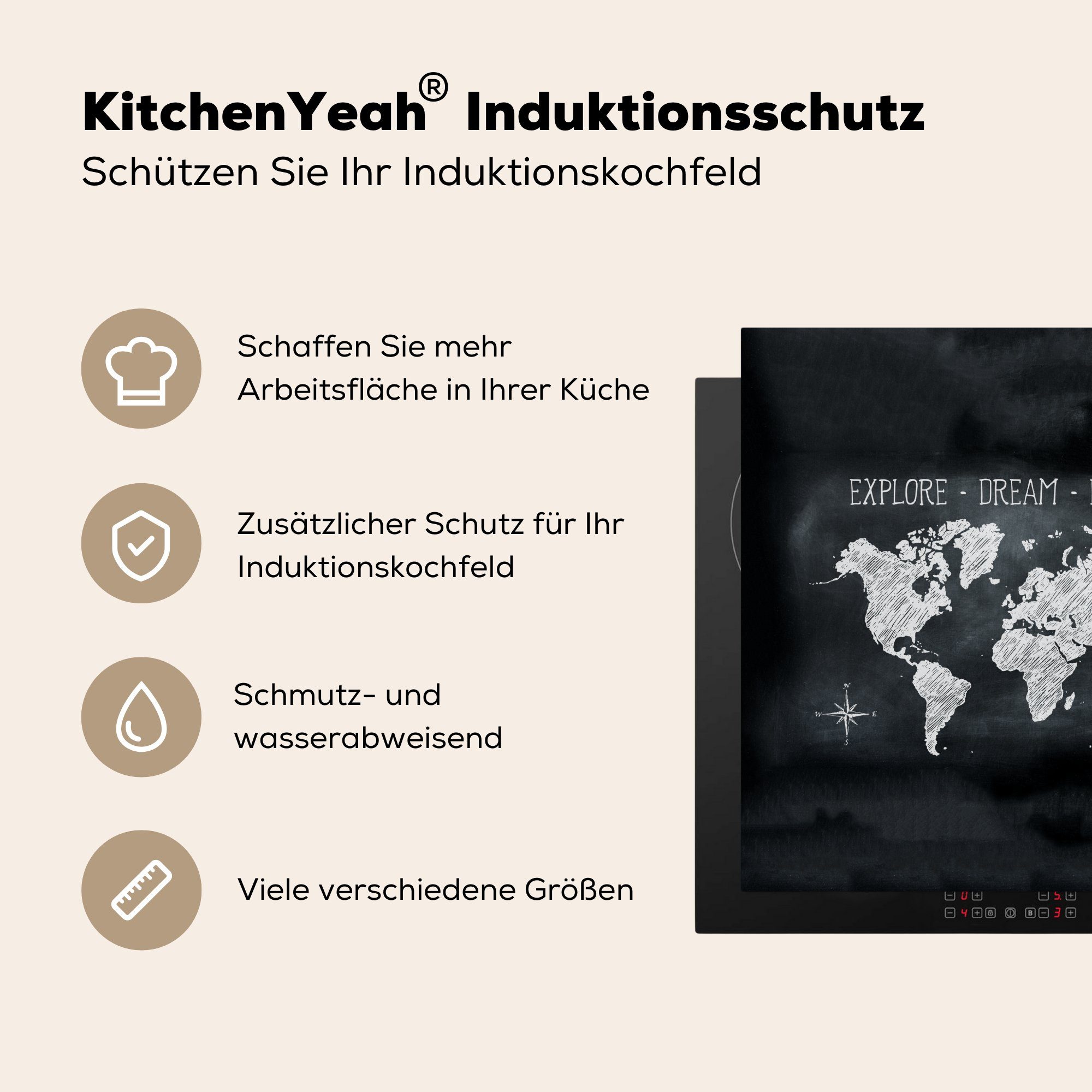 MuchoWow Kreidetafel küche - Weltkarte - (1 Arbeitsplatte Herdblende-/Abdeckplatte Ceranfeldabdeckung, für tlg), 78x78 Kompass, Vinyl, cm,