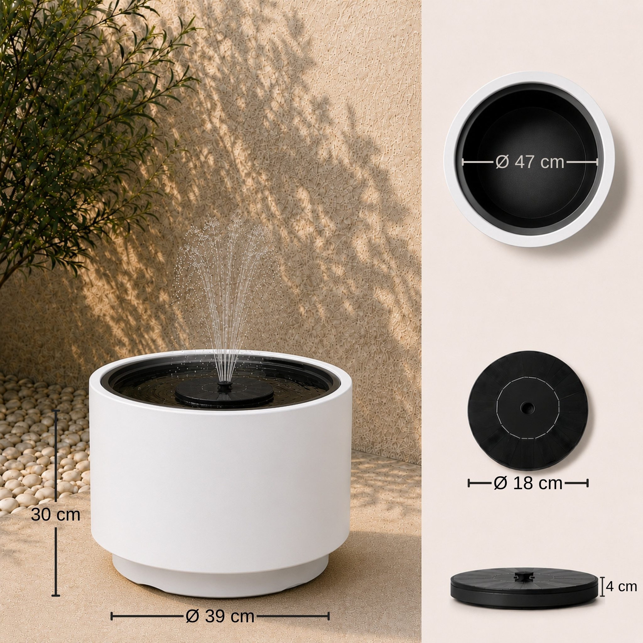matches21 HOME & HOBBY Wasserspiel Solarbrunnen Outdoor Set mit großer Ø 47x30 cm Schale weiß, Solar-Fontäne Garten Balkon Zierbrunnen Wasserspiel