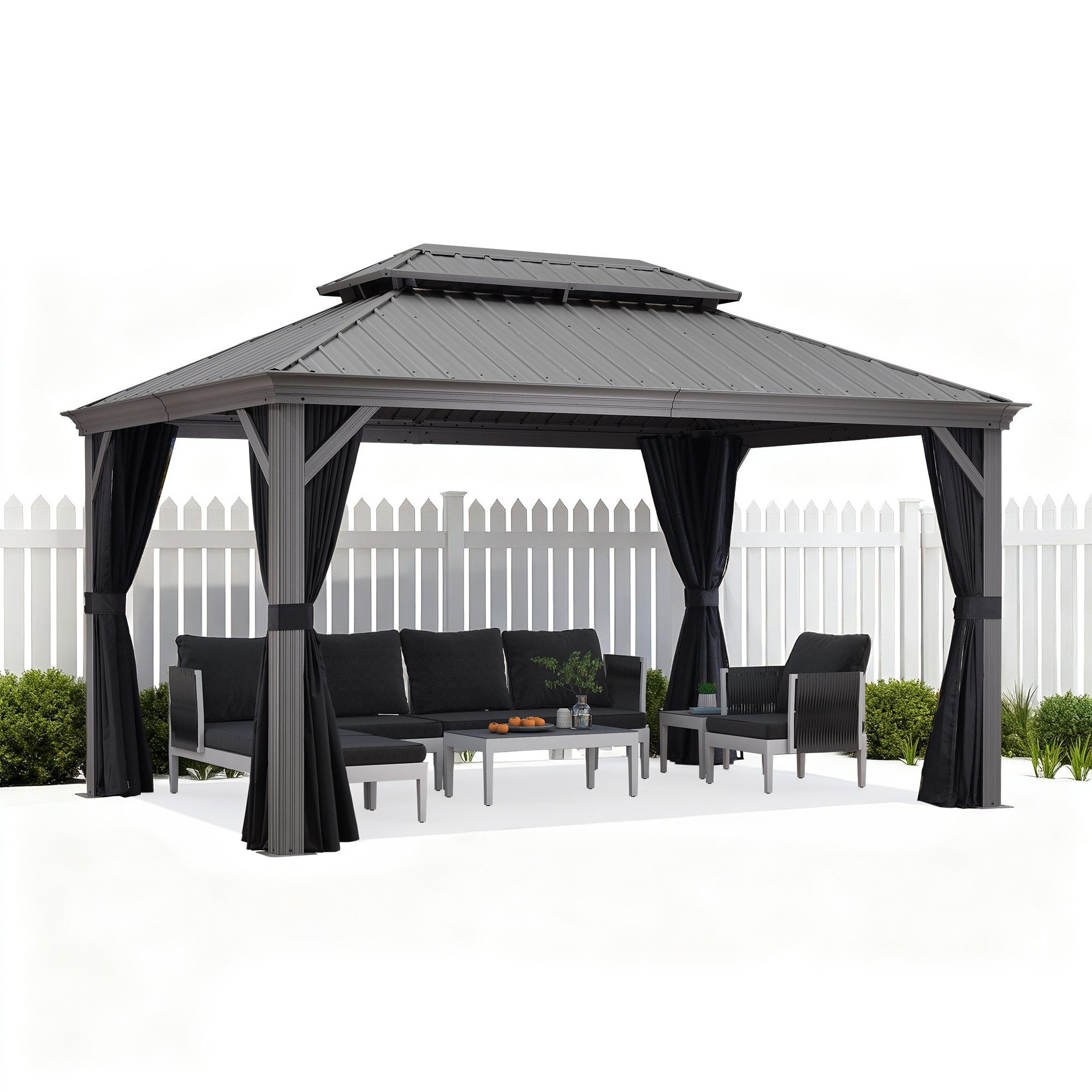 PURPLE LEAF Pavillon Außenbereich Alu Gartenpavillon, Gazebo mit Stahldach Hardtop, 300x425 CM, Gazebo Inklusive Vorhänge und Fliegengitter, für Terrasse