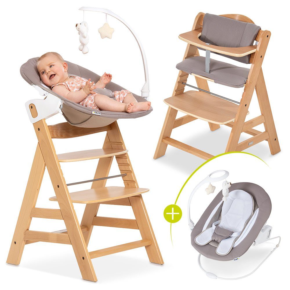 Hauck Hochstuhl Alpha Plus Natur Newborn Set (Set, 4 St), Baby Holz Babystuhl ab Geburt mit Liegefunktion - inkl. Aufsatz für Neugeborene, Sitzpolster - mitwachsend, verstellbar
