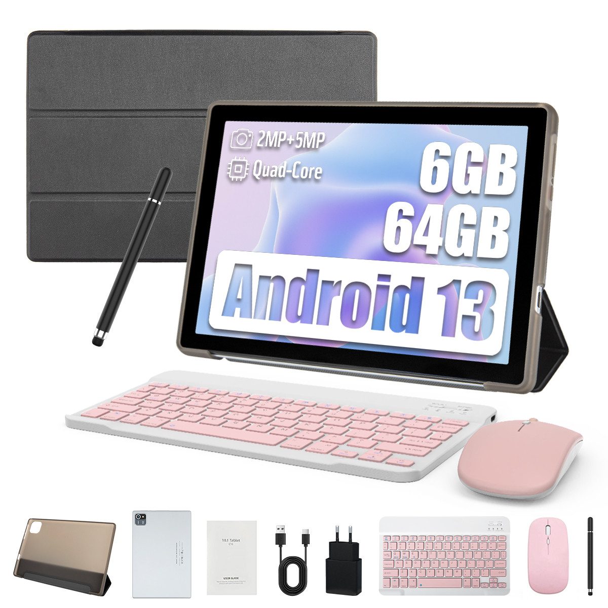 Happybe Tablet mit Maus Tastatur Stift, Weihnachtsgeschenk Geburtstagsgeschenk Tablet (10", 64 GB, Dual-Kamera)