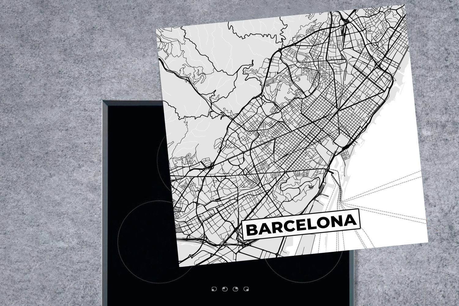 MuchoWow Herdblende-/Abdeckplatte Barcelona - Stadtplan (1 - 78x78 cm, - Vinyl, weiß, Arbeitsplatte küche tlg), Karte und Ceranfeldabdeckung, für Schwarz