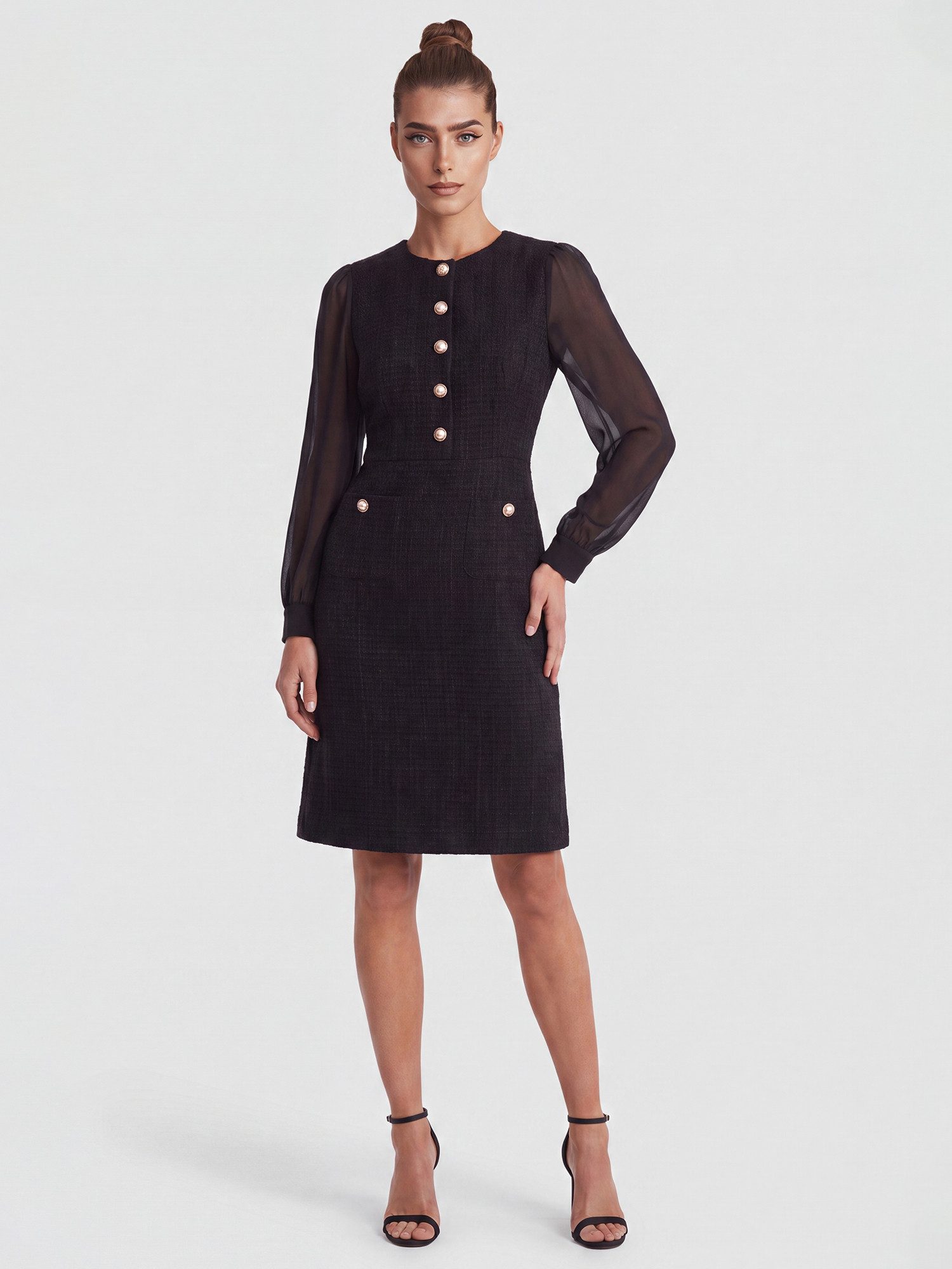 Apart Midikleid mit Chiffonärmeln und Zierknopfleiste