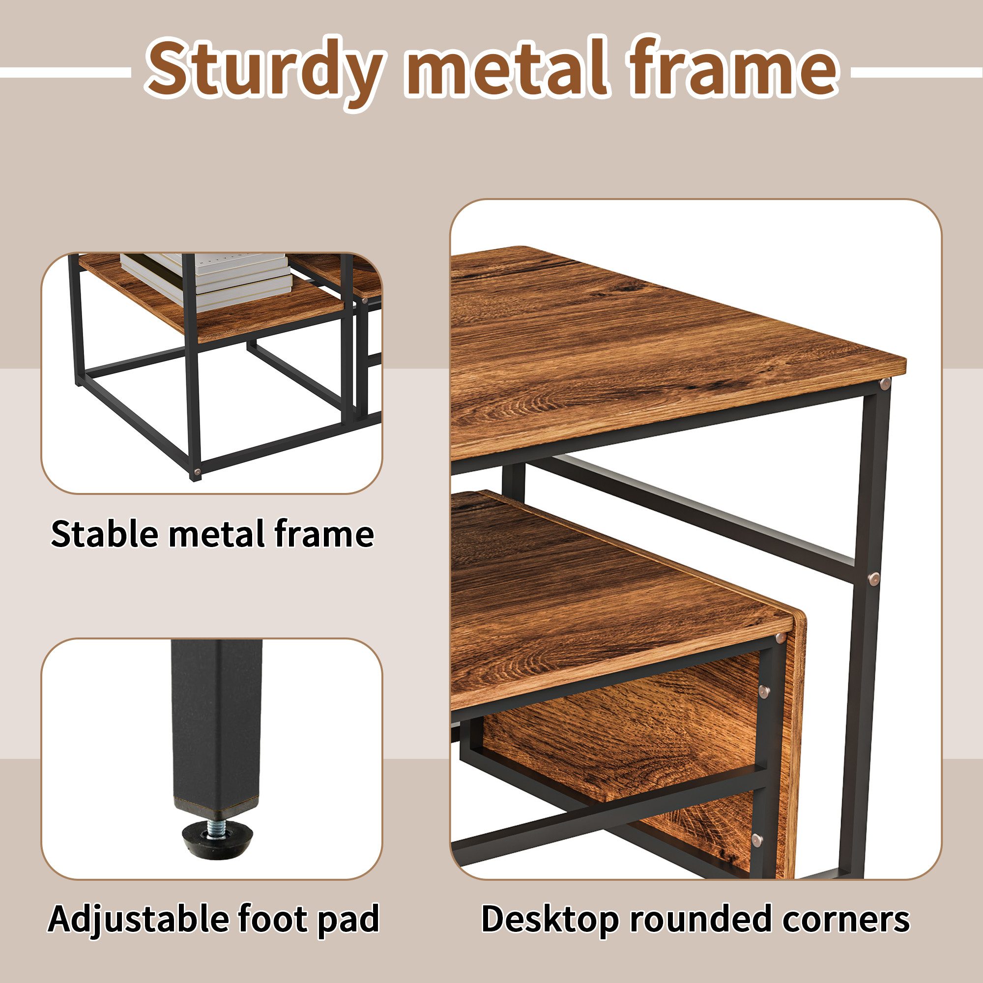 FUROKOY Couchtisch Beistelltisch Sofatisch wohnzimmertisch kaffeetisch 2er set (Quadratische,Set 2 in 1), mit Metallgestell,Holzoptik,Schwarz + Holzmaserung – Bild 4 von 5